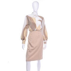 Vintage Louis Feraud Tan 3 Piece Skirt Blouse & Jacket Suit Outfit