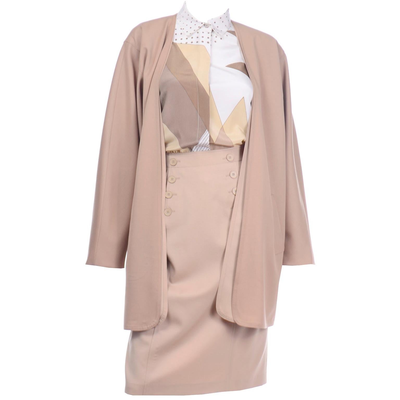 Vintage Louis Feraud Tan 3 Piece Skirt Blouse & Jacket Suit Outfit