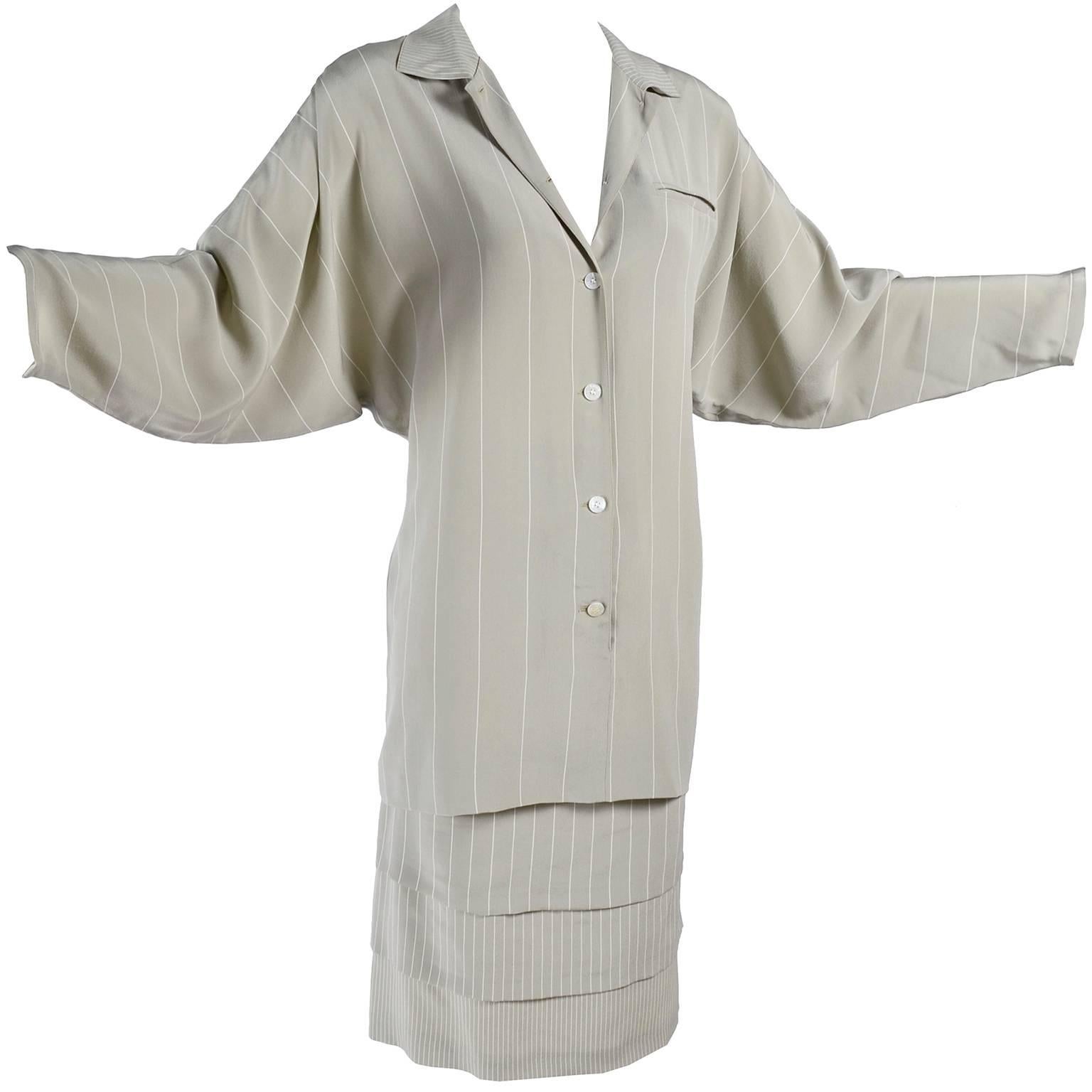Gray Vintage Louis Feraud Vintage Dress in Layered Pinstriped Silk 