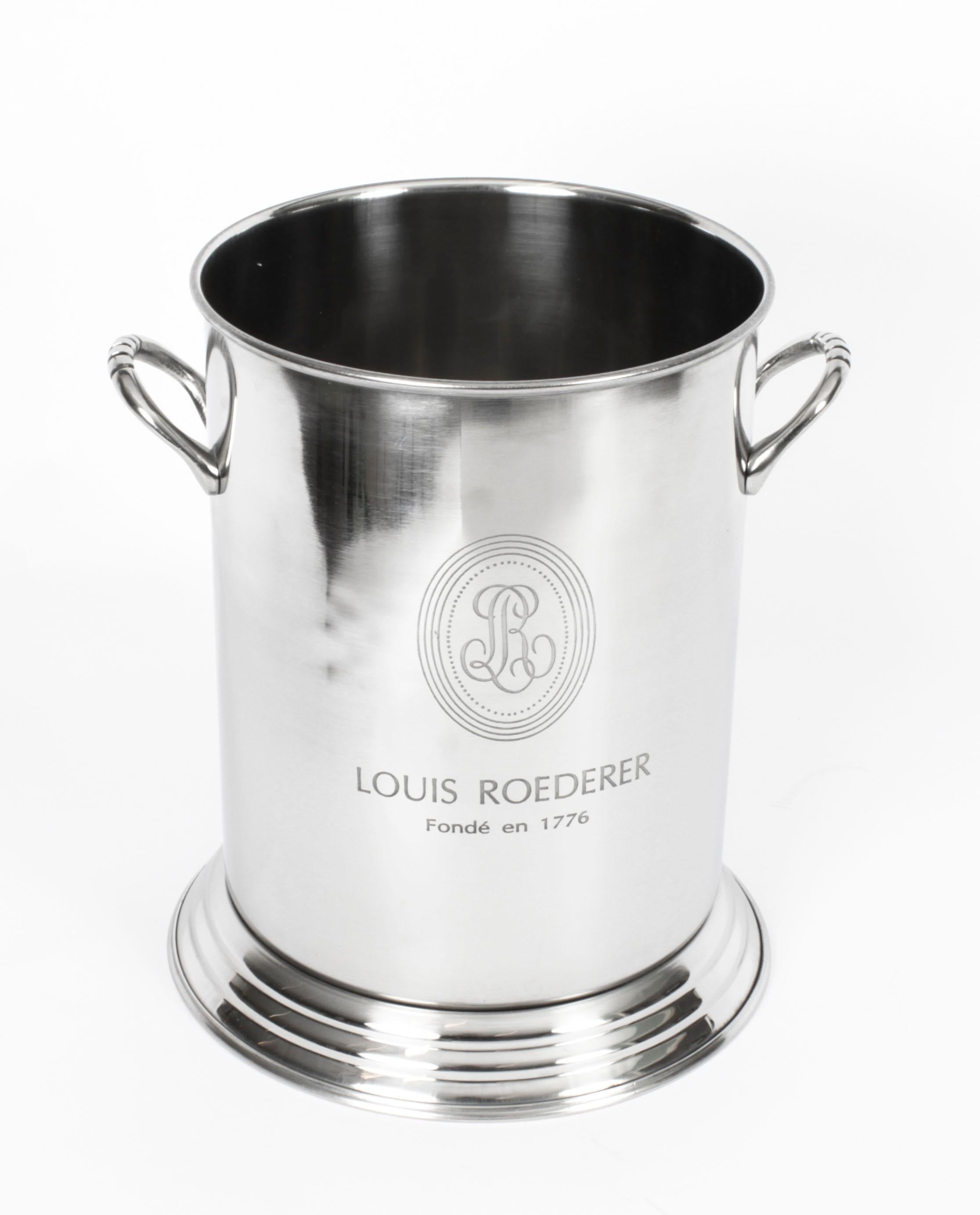 This is a gorgeous vintage silver plated champagne / wine cooler. 

It is boldly engraved Louis Roederer Fonde en 1776 on the side with the LR logo.

The cooler has twin carrying handles and there is no mistaking the unique quality of this item,