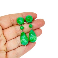 Pendientes vintage LOUIS ROUSSELET DEPOSE Francia de cristal de jade verde con cierre de clip