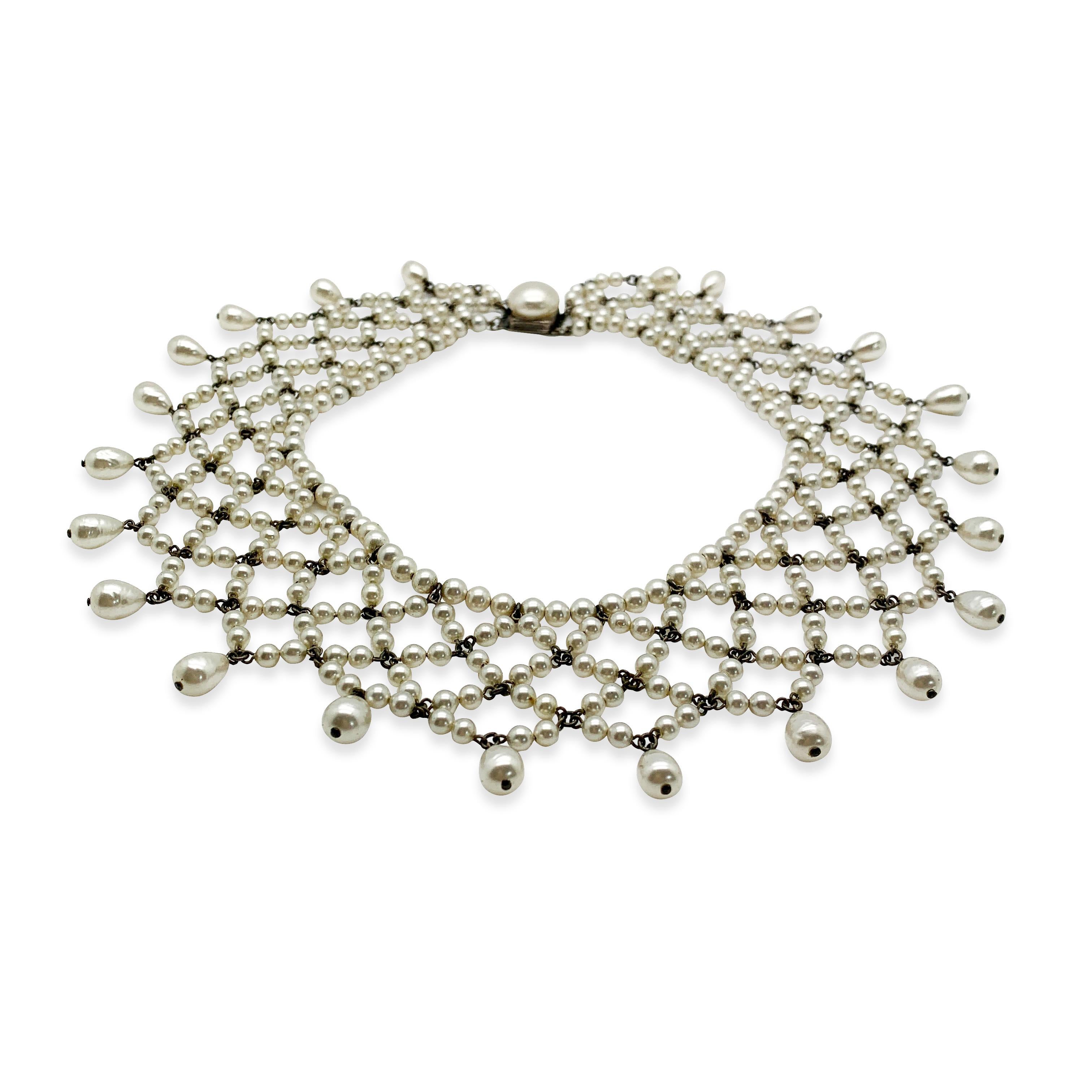 A truly beautiful, timeless Vintage Louis Rousselet Collar created in Paris. Crafted in silver tone metal and glass pearls. Featuring a lacey style collar of beautiful lustrous, most likely poured glass pearls, including round and teardrop and