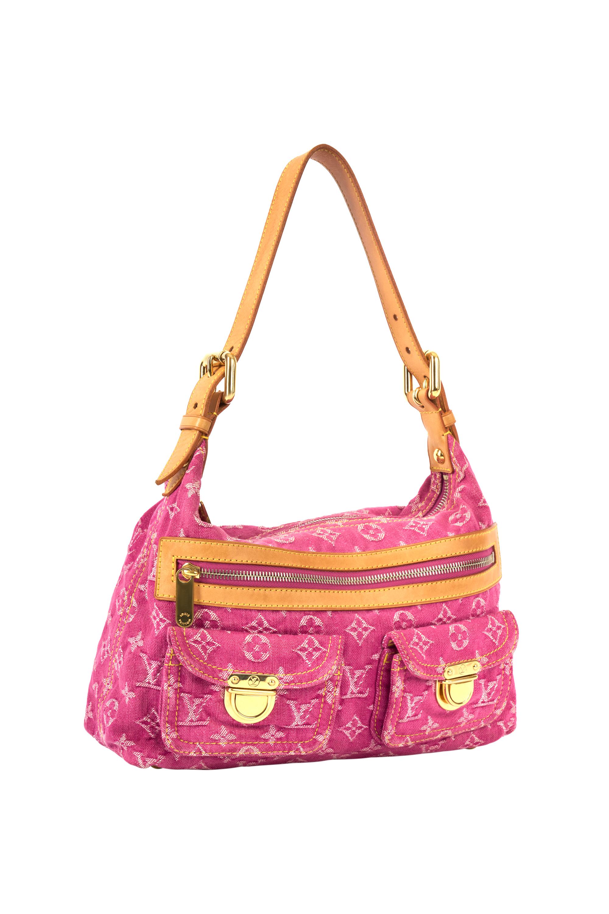Vintage 2005 Louis Vuitton pink denim tote by Marc Jacobs. featured signature monogram print fabric with gold hardware and beige leather adjustable handles and trim. composed with two small front pocket with clasp closure, one large front zip pocket
