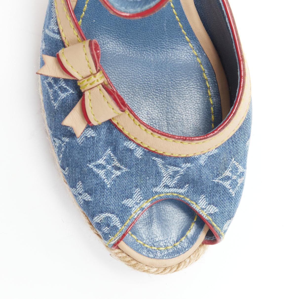 vintage LOUIS VUITTON blue denim LV monogram leather bow espadrille wedge EU36.5 6