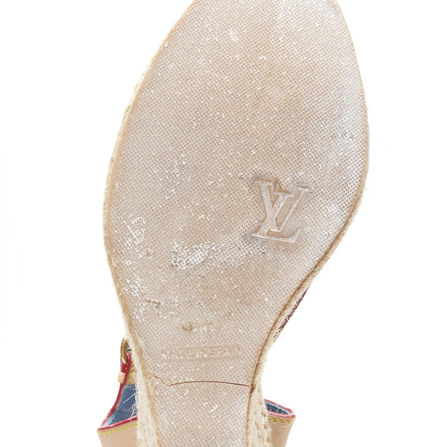 vintage LOUIS VUITTON blue denim LV monogram leather bow espadrille wedge EU36.5 7
