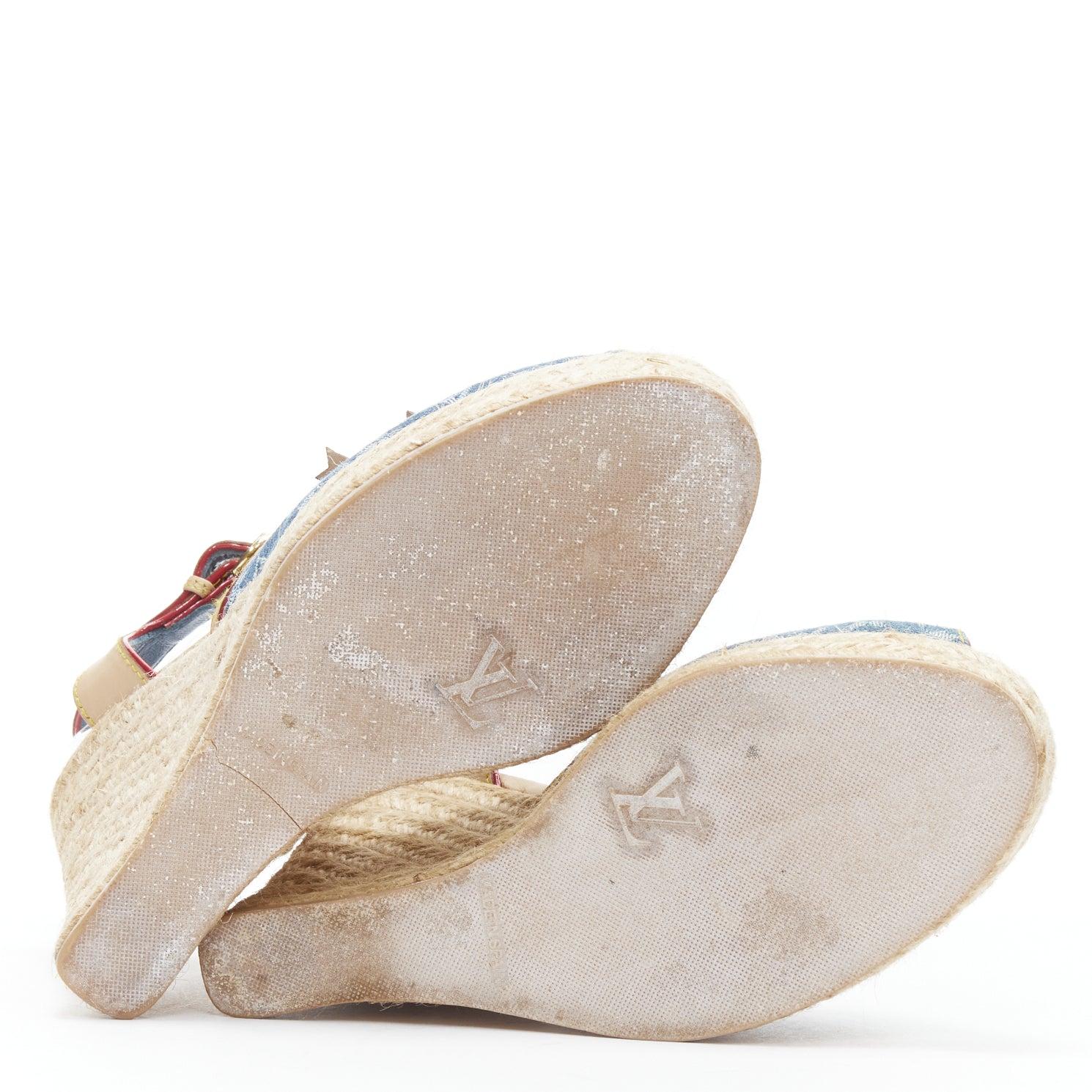 vintage LOUIS VUITTON blue denim LV monogram leather bow espadrille wedge EU36.5 8