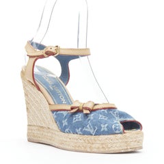 vintage LOUIS VUITTON blue denim LV monogram leather bow espadrille wedge EU36.5