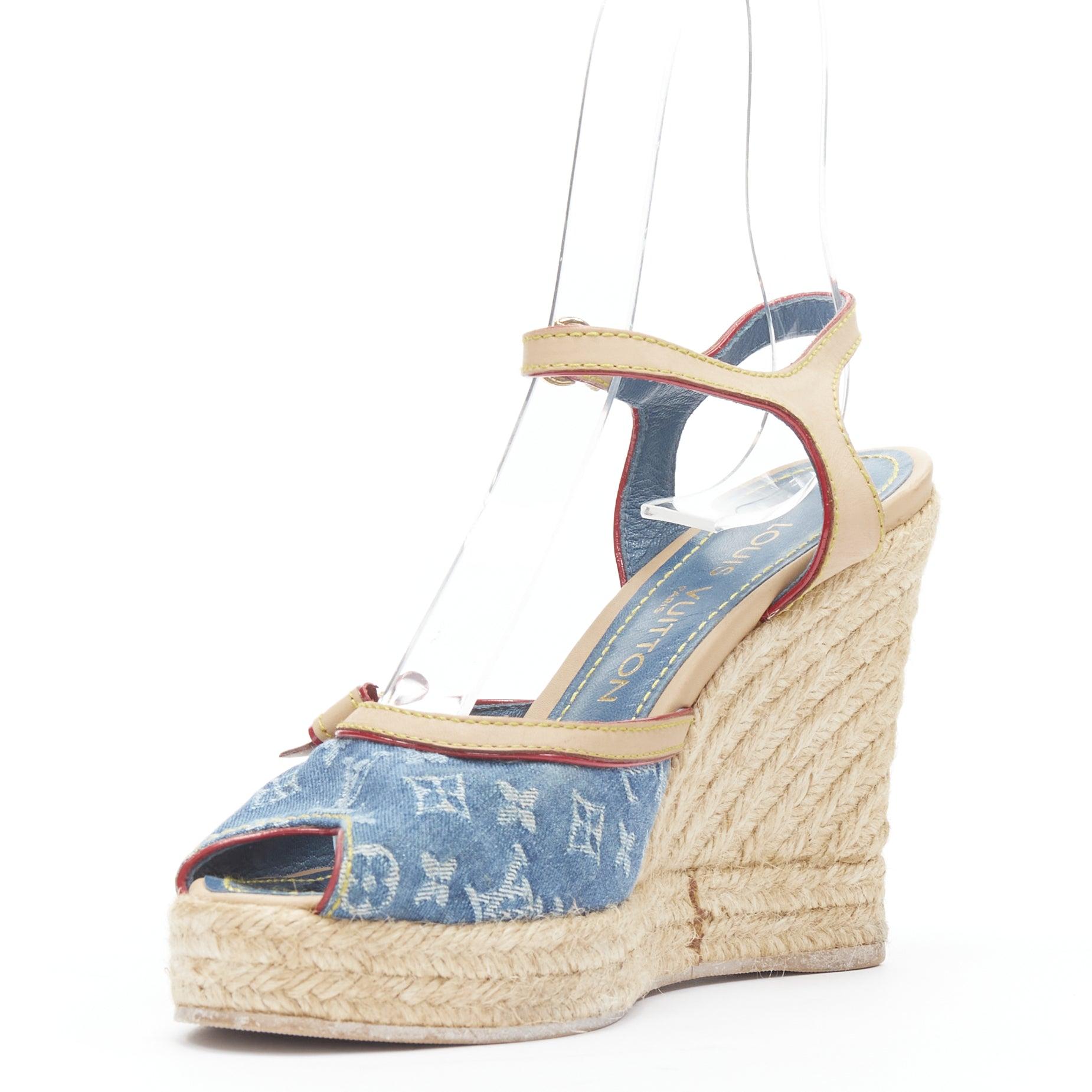 vintage LOUIS VUITTON blue denim LV monogram leather bow espadrille wedge EU36.5 In Good Condition In Hong Kong, NT