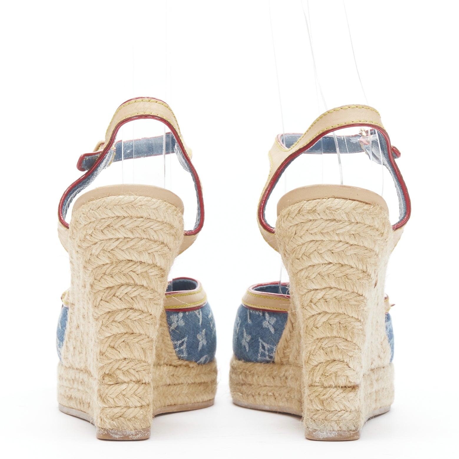 Women's vintage LOUIS VUITTON blue denim LV monogram leather bow espadrille wedge EU36.5