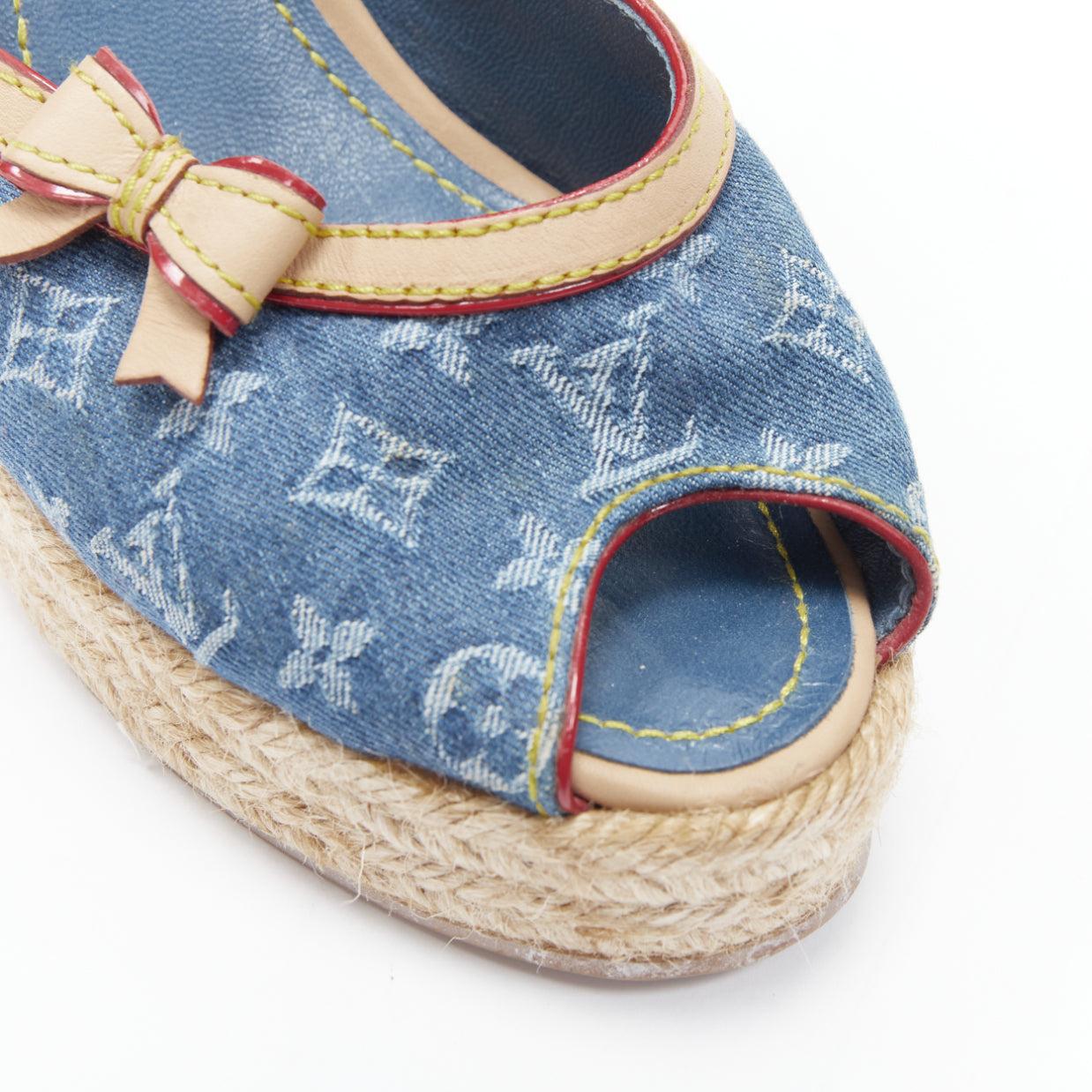 vintage LOUIS VUITTON blue denim LV monogram leather bow espadrille wedge EU36.5 1