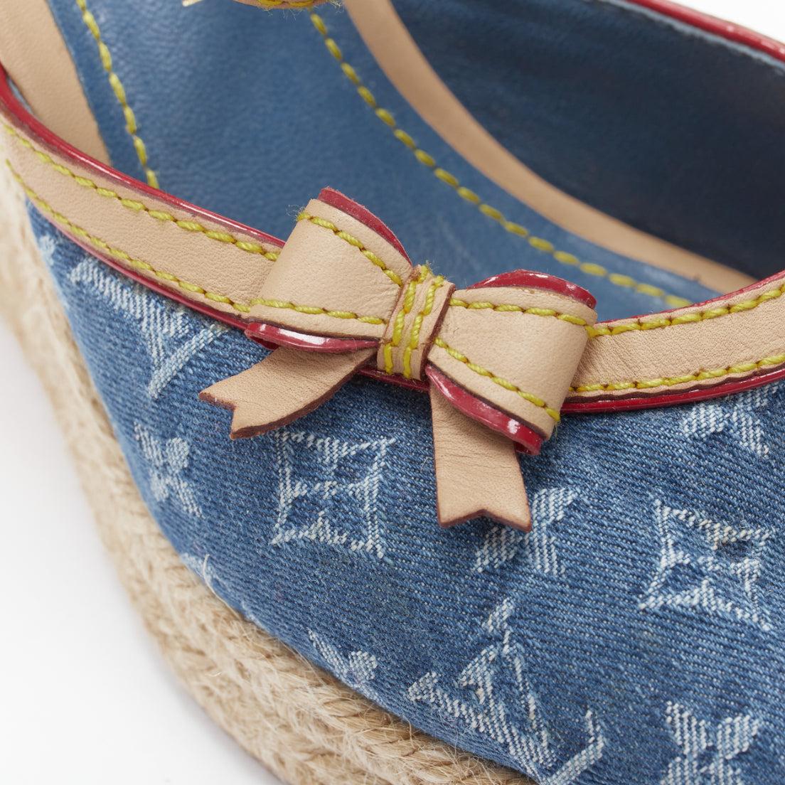 vintage LOUIS VUITTON blue denim LV monogram leather bow espadrille wedge EU36.5 2