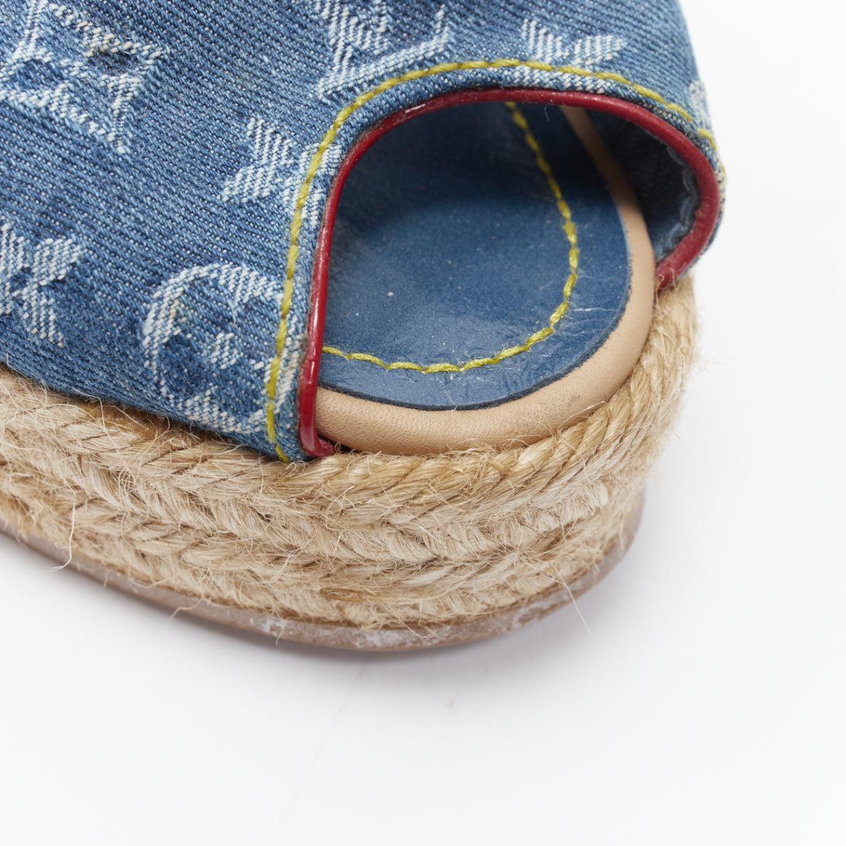 vintage LOUIS VUITTON blue denim LV monogram leather bow espadrille wedge EU36.5 3