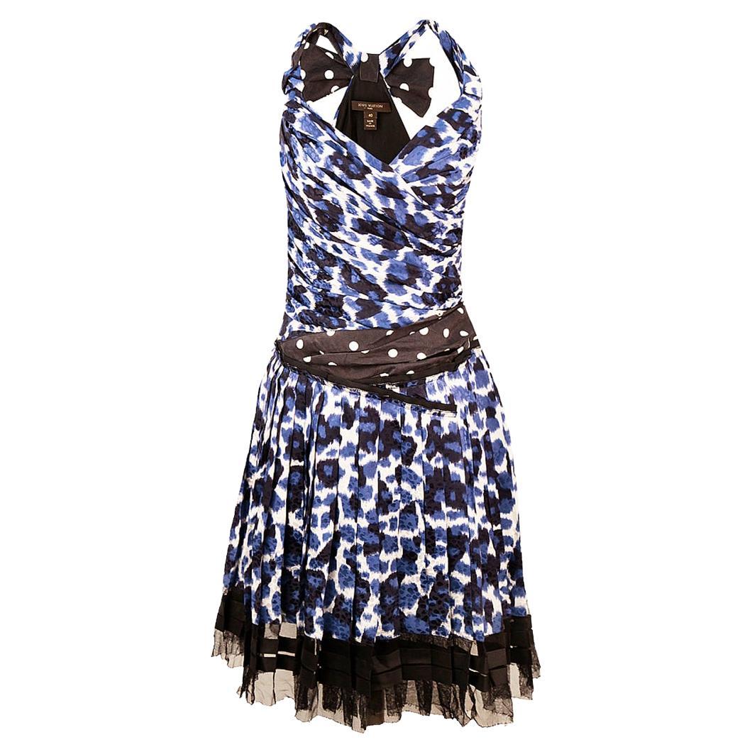 Vintage LOUIS VUITTON BLUE SILK ANIMAL PRINT PLEATED Dress EU 40