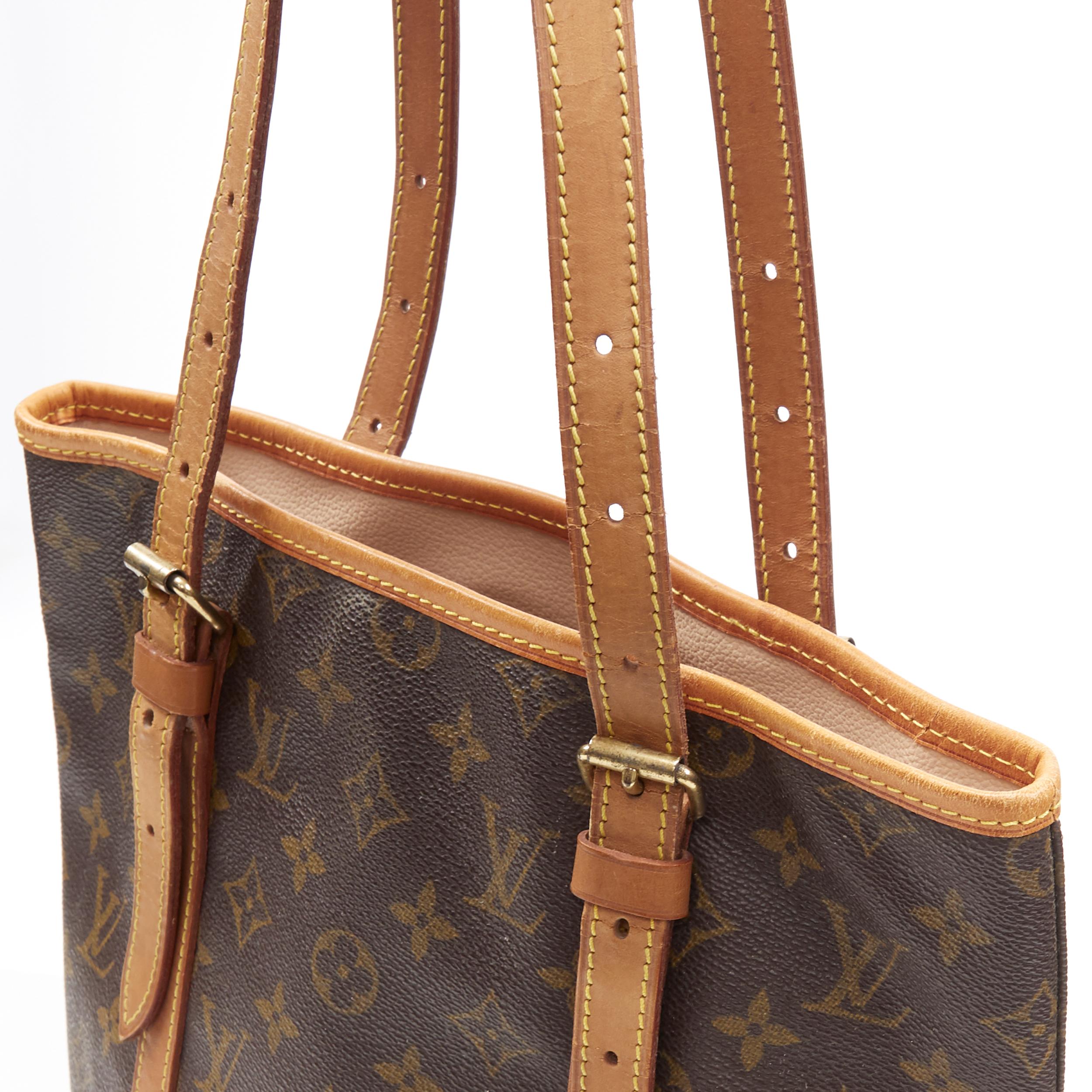 vintage LOUIS VUITTON brown monongram canvas leather long handle bucket tote In Fair Condition In Hong Kong, NT