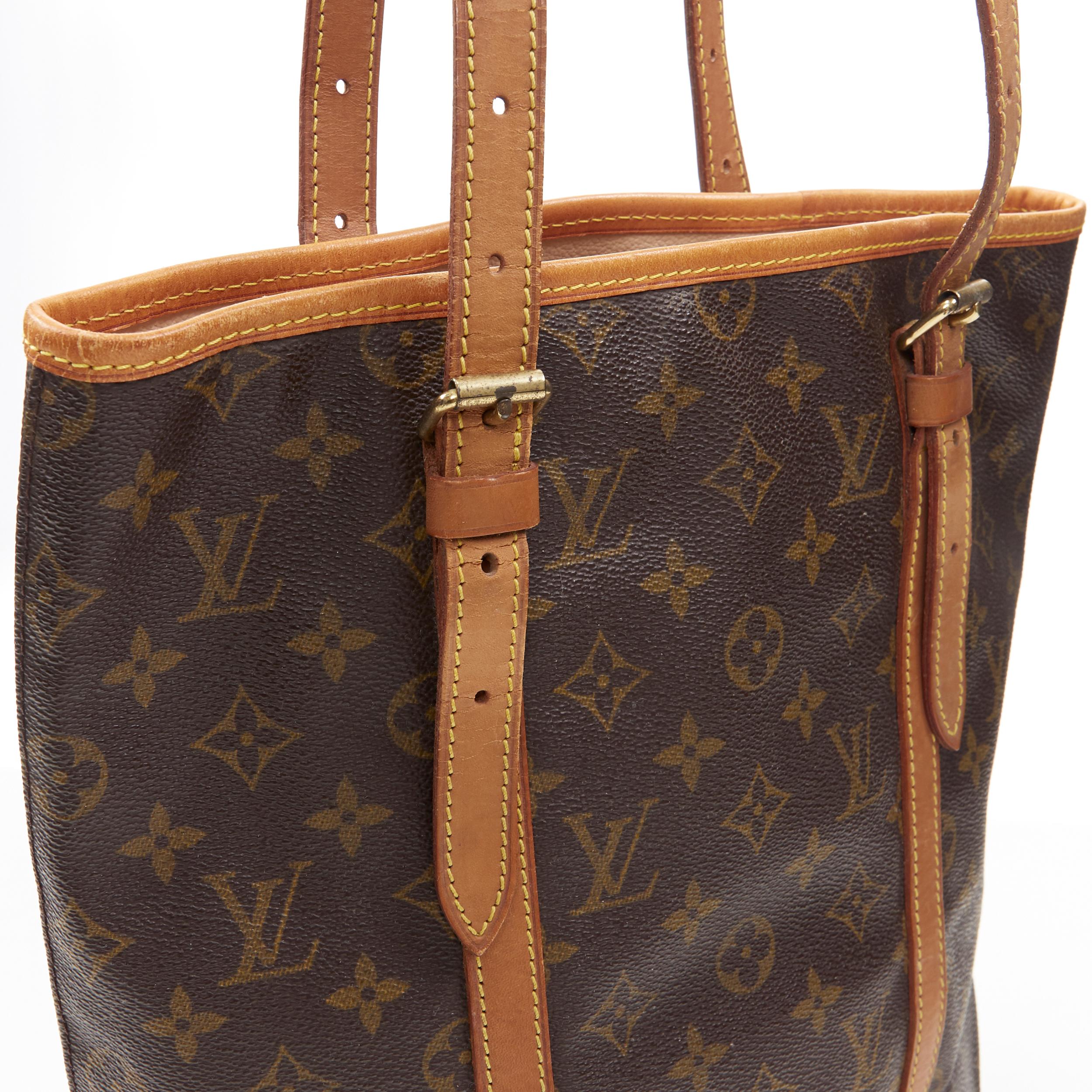 Women's vintage LOUIS VUITTON brown monongram canvas leather long handle bucket tote