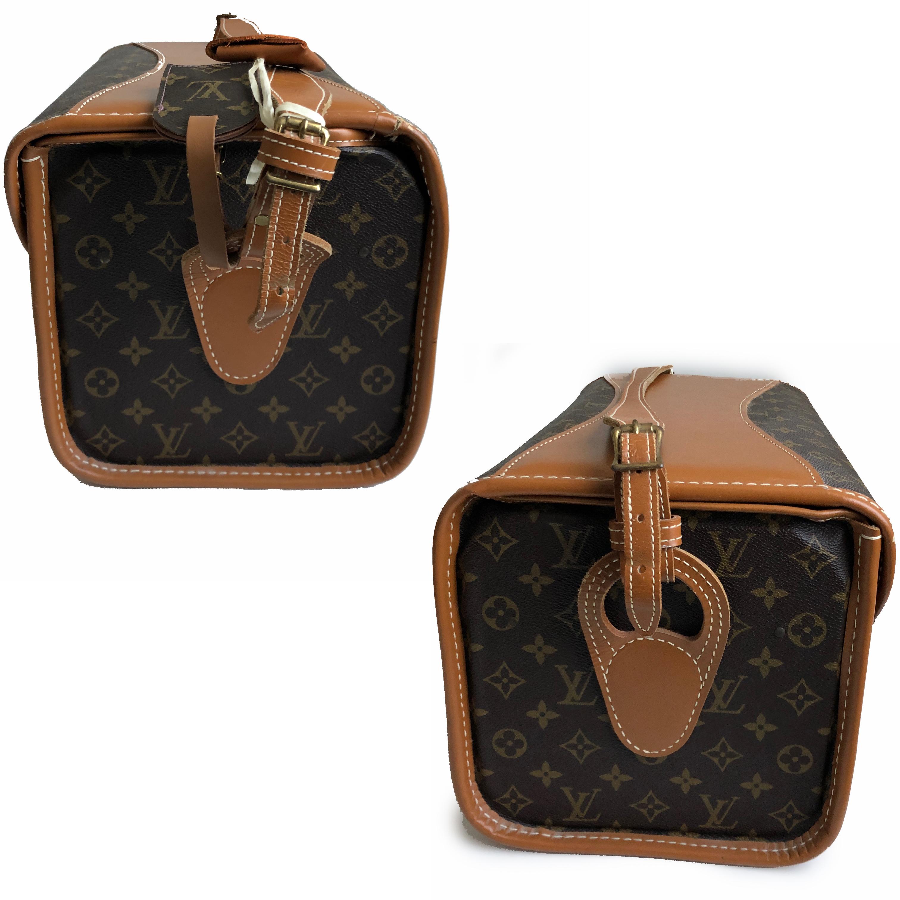 Authentic, preowned, vintage Louis Vuitton x French Company Monogram Train Case Carry On Bag, early 80s. Comes w/mirror, insert tray, keys & leather key keeper and luggage tag (pic 6). Interior covered in clear plastic for easy cleaning.