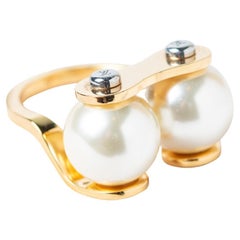 Vintage Louis Vuitton Gold Tone Pearl Ring, Early 2000s, Size N