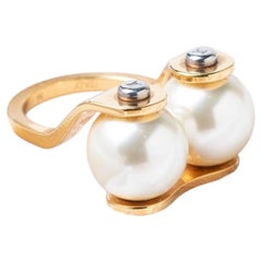 Vintage Louis Vuitton Gold Tone Pearl Ring, Early 2000s, Size N