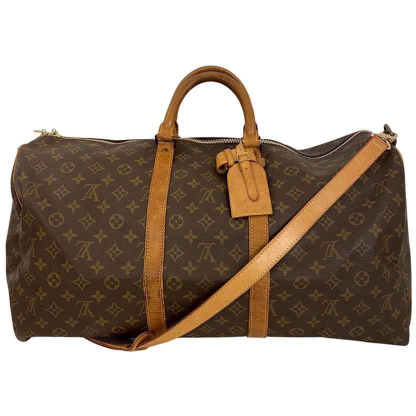Customized Louis Vuitton Keepall 50 strap Travel bag in brown canvas at  1stDibs