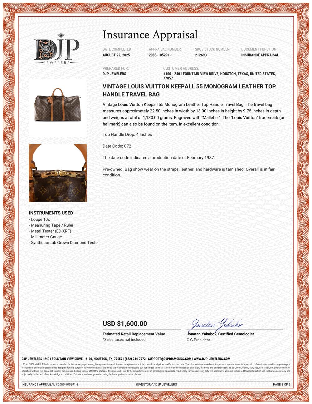 Vintage Louis Vuitton Keepall 55 Monogram Leather Top Handle Travel Bag en vente 9