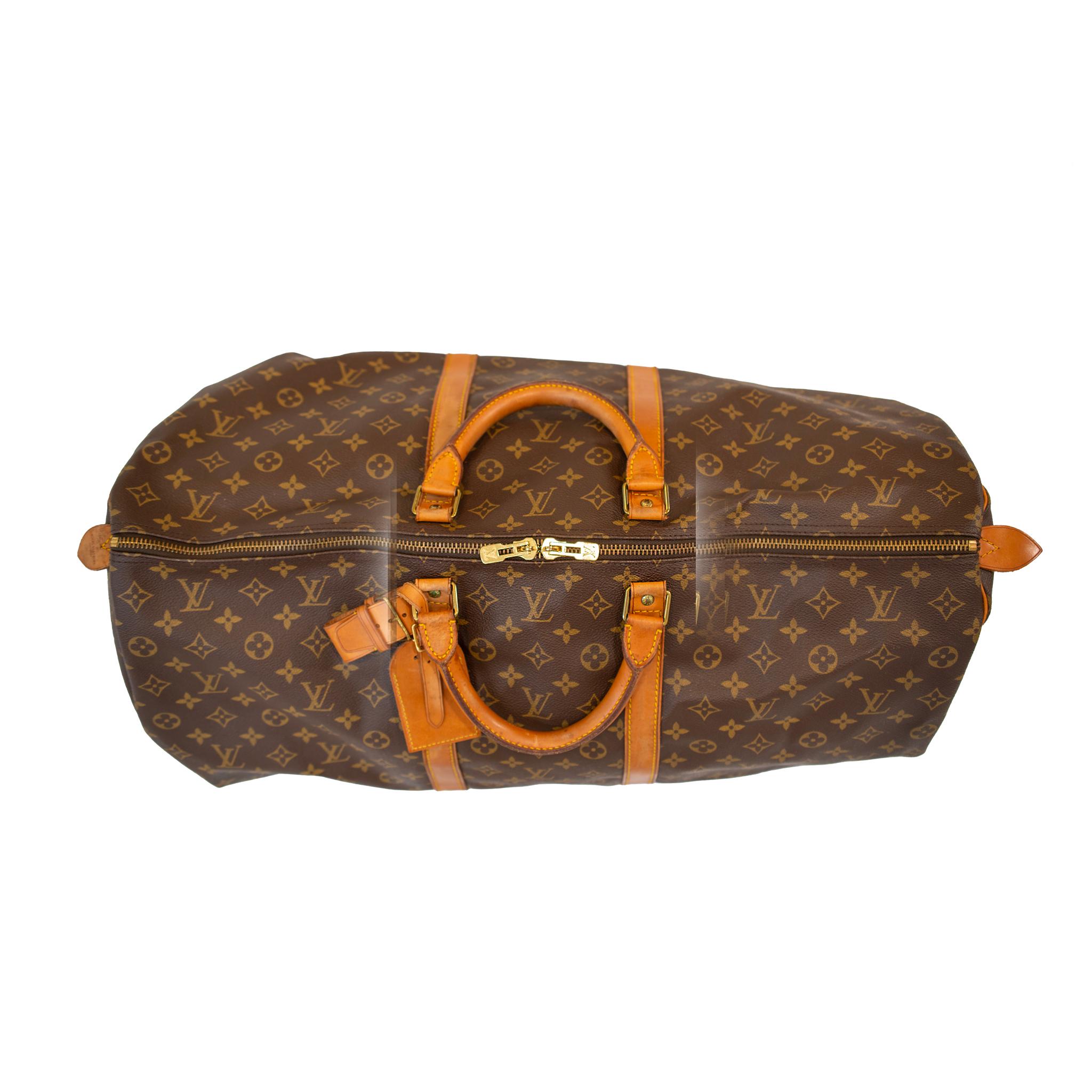 Marron Vintage Louis Vuitton Keepall 55 Monogram Leather Top Handle Travel Bag en vente