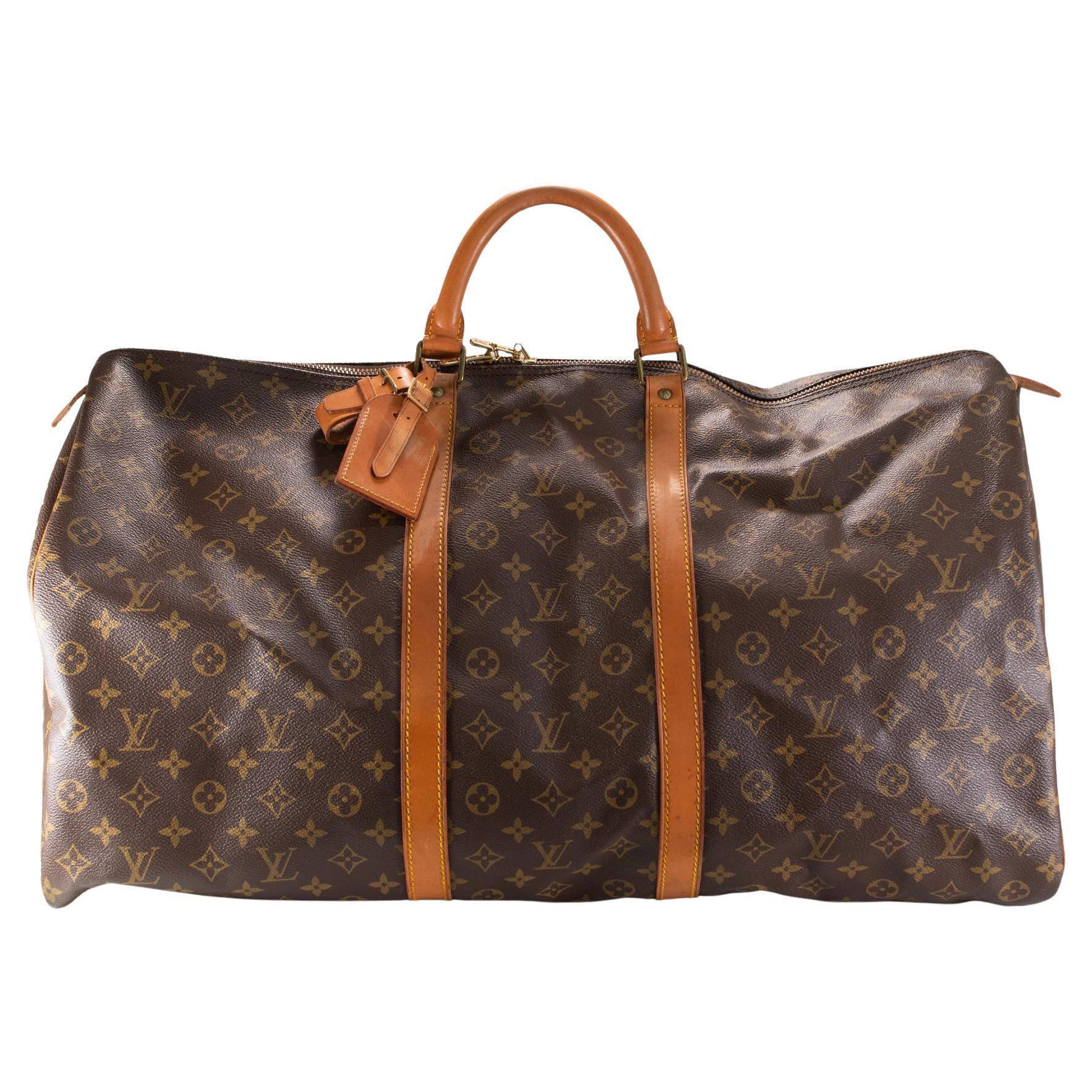 Vintage Louis Vuitton Keepall 55 Monogram Leather Top Handle Travel Bag en vente