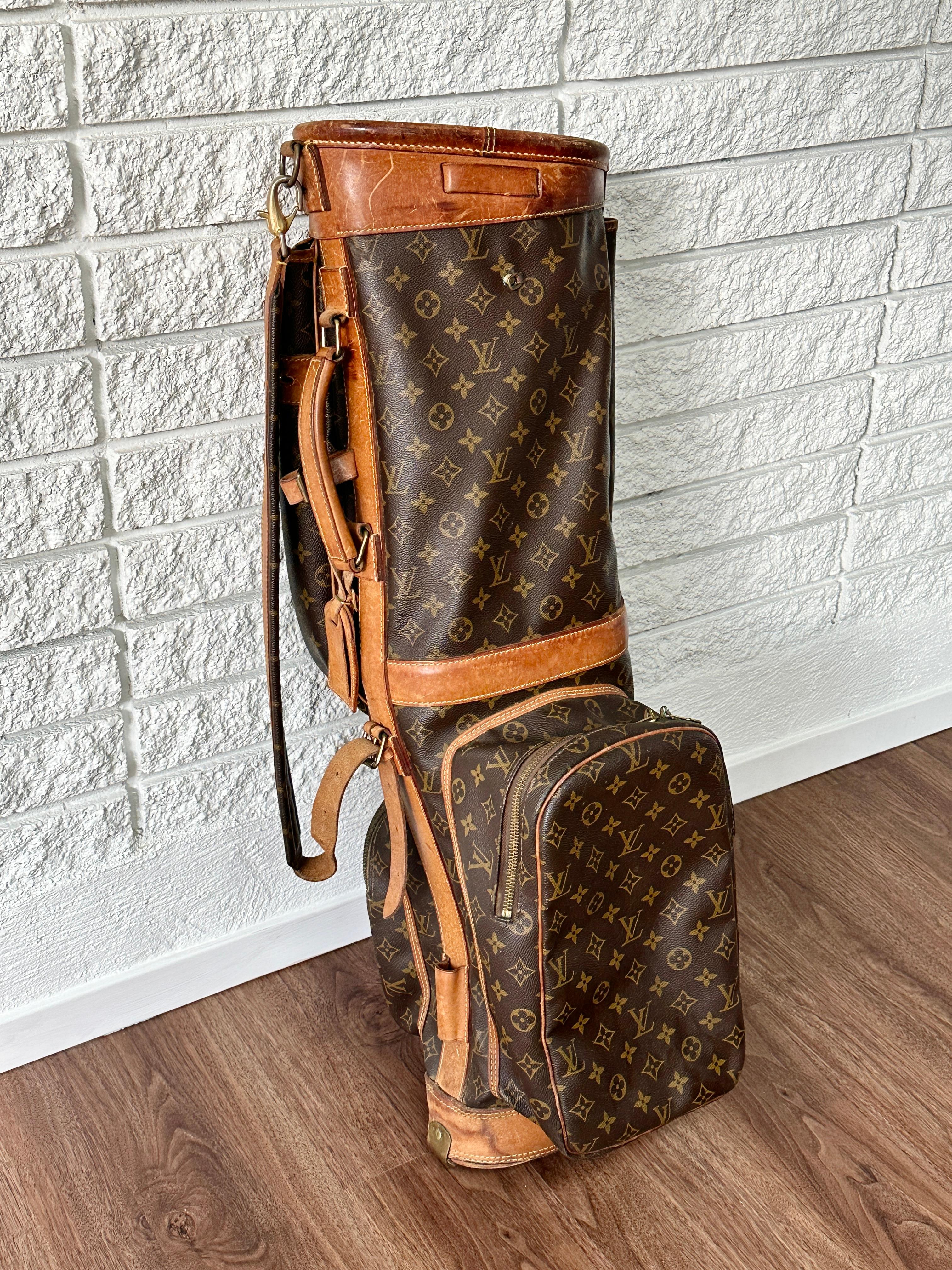 A vintage Louis Vuitton golf bag circa 1960s - 1970s

Beautiful example with nice patina in monogrammed canvas with natural leather trim and shoulder strap
Segmented club storage and three zippered storage compartments, the largest which folds over