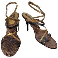 Vintage Louis Vuitton Monogram Gold Python Strappy Stiletto Sandals, 37.5
