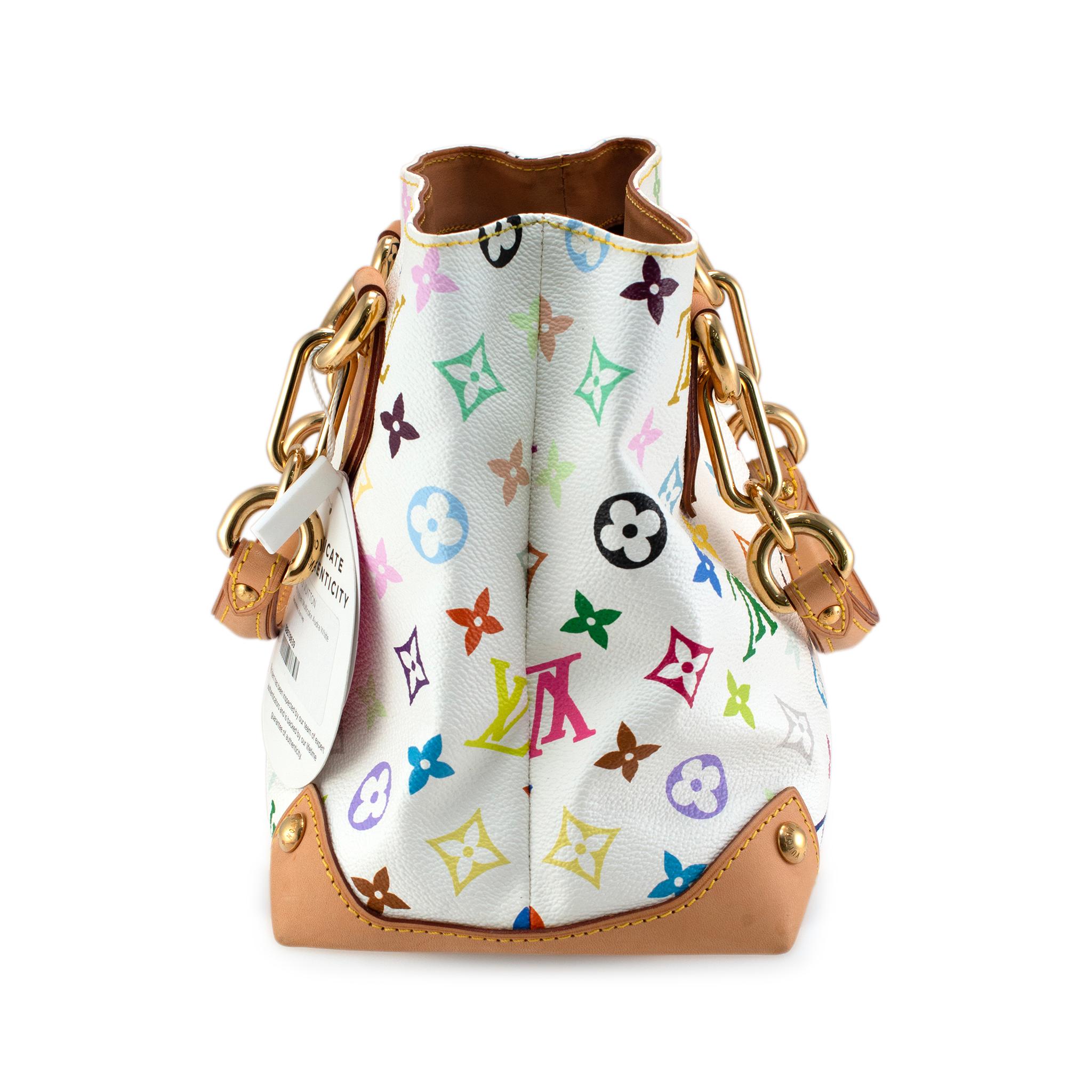 Brand: Louis Vuitton

Gender: Ladies

Height: 8.00 inches

Width: 10.00 inches

Depth: 5.50 inches

Weight: 724.34 grams

Vintage Louis Vuitton Monogram Multicolore Audra M40047 White Handbag. Engraved with 