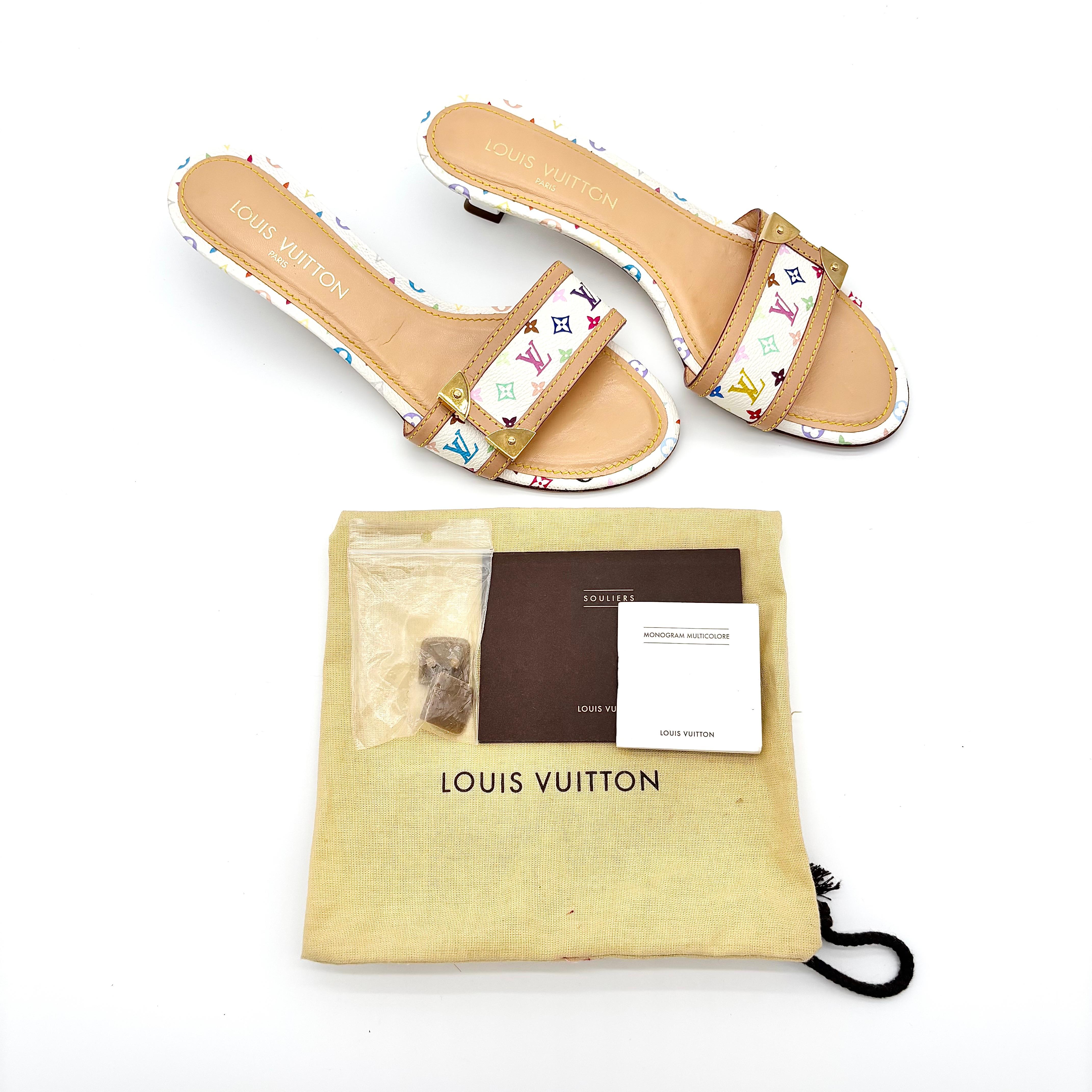 Louis Vuitton Retro Vintage Monogram Takashi Murakami LV Print Mules
Circa 2003
MA0034

Color Multi
Size 39EU
Leather upper
Leather sole
LV monogram in multicolor print
Low square heel
Made in Italy
1.5in heel height
Gold finished hardware

Comes