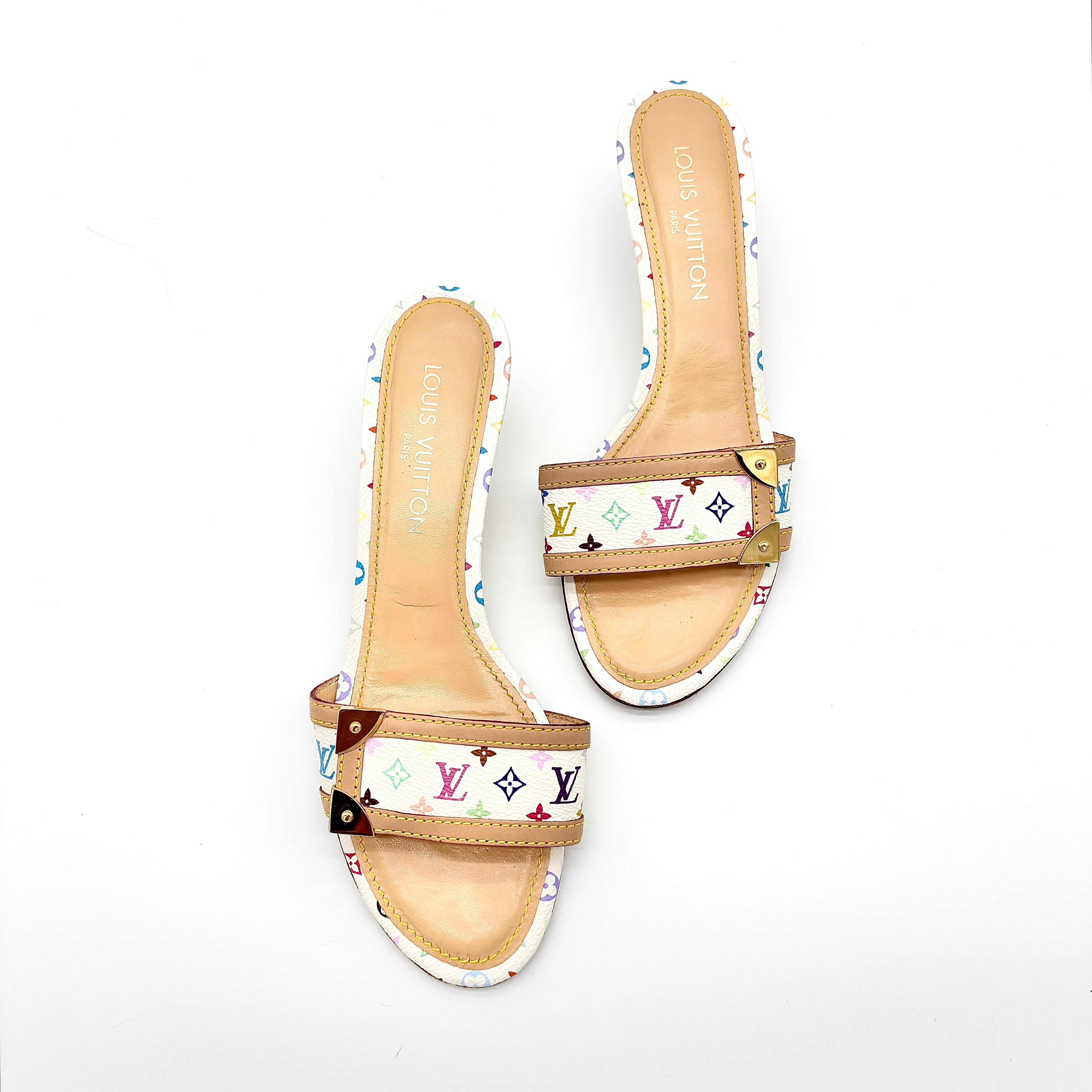 Beige Vintage Louis Vuitton Takashi Murakami LV Monogram Kitten Heel Mules 39