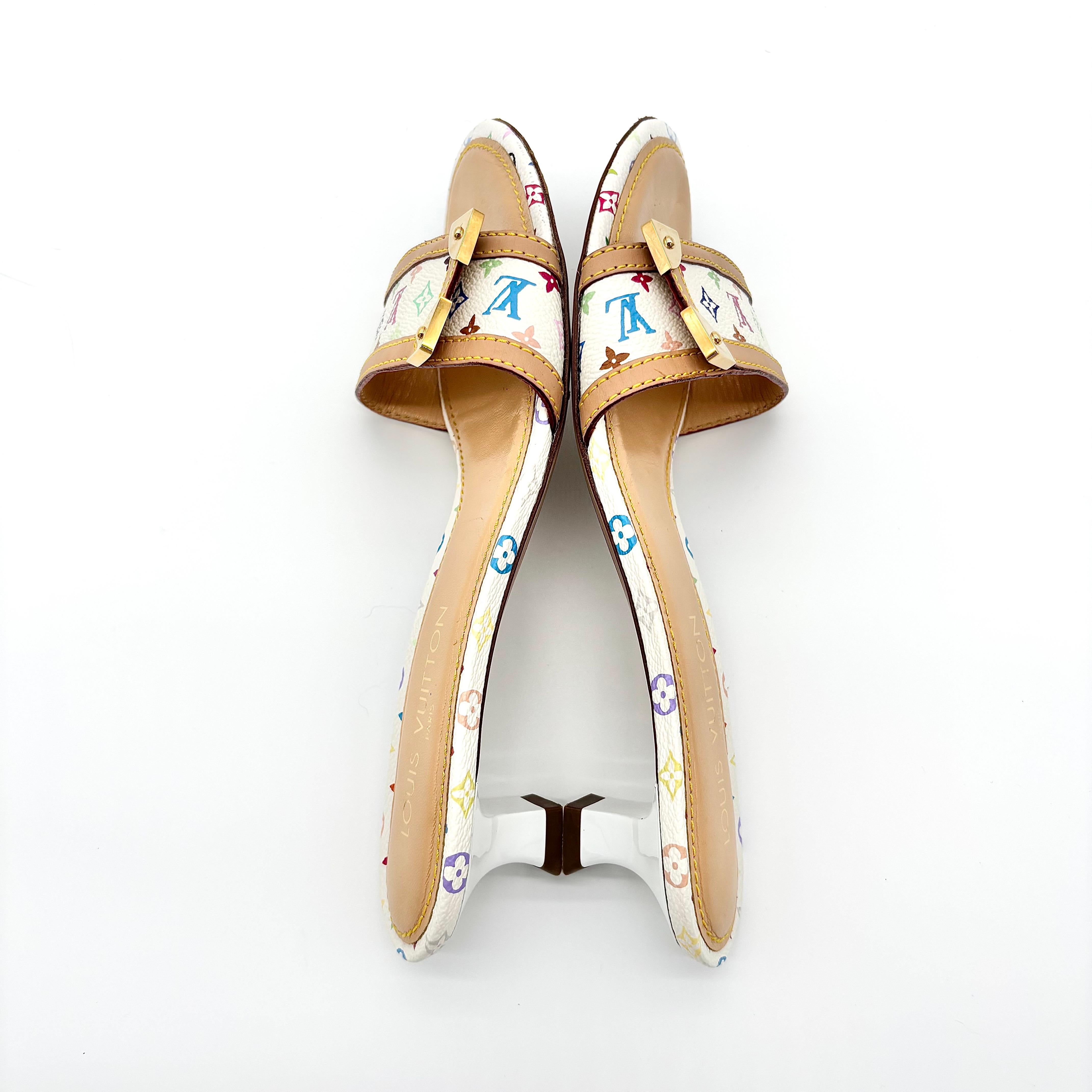 Vintage Louis Vuitton Takashi Murakami LV Monogram Kitten Heel Mules 39 In Good Condition In Mechanicsville, VA