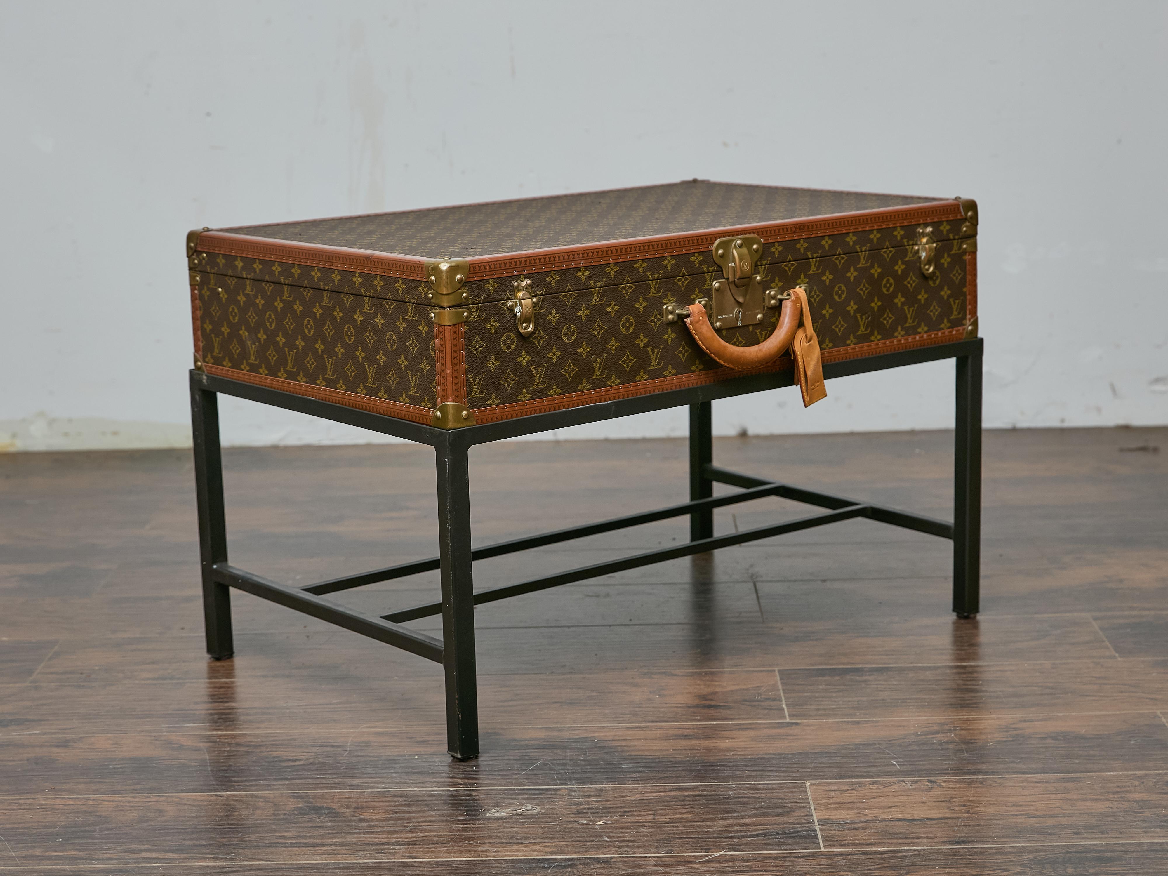 French Vintage Louis Vuitton Trunk Made into Coffee Table with Custom Base For Sale