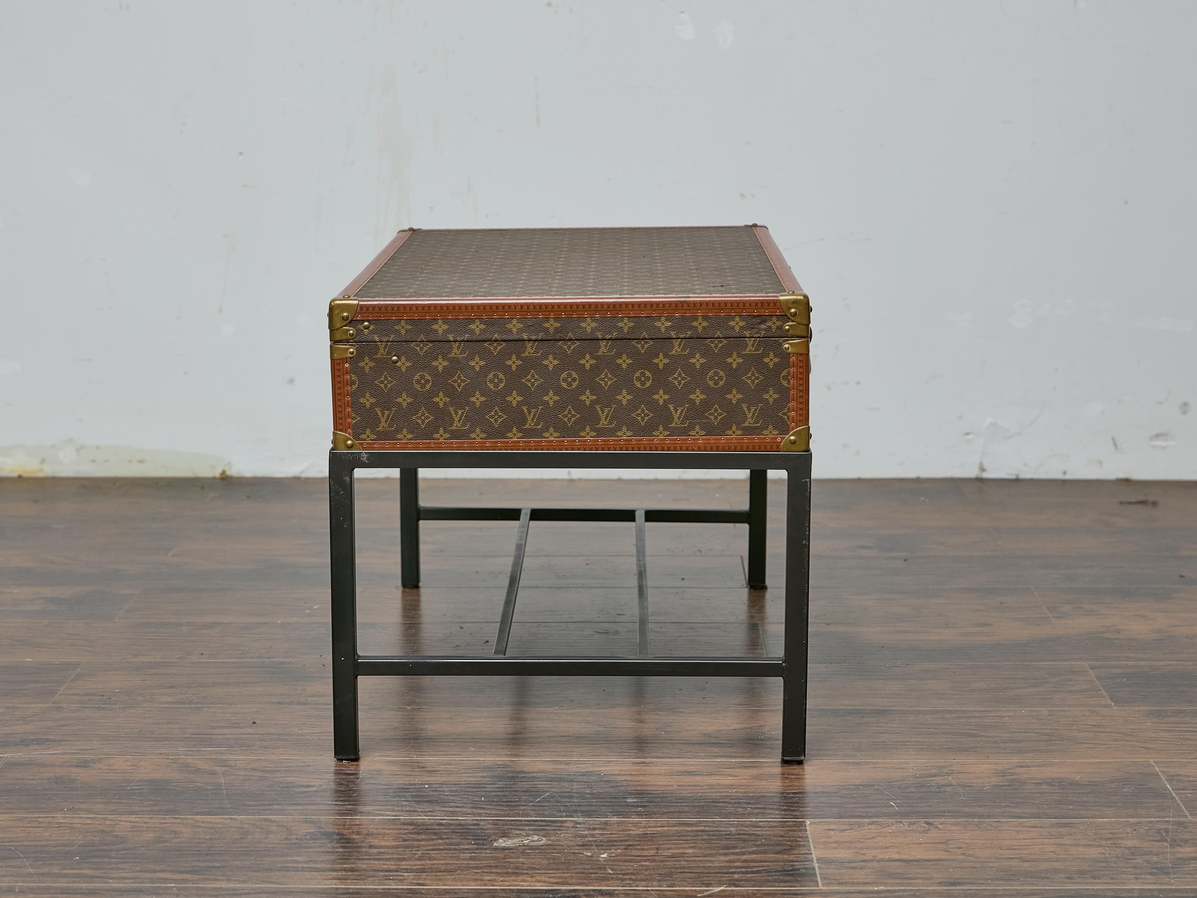 Vintage Louis Vuitton Trunk Made into Coffee Table with Custom Base In Good Condition For Sale In Atlanta, GA