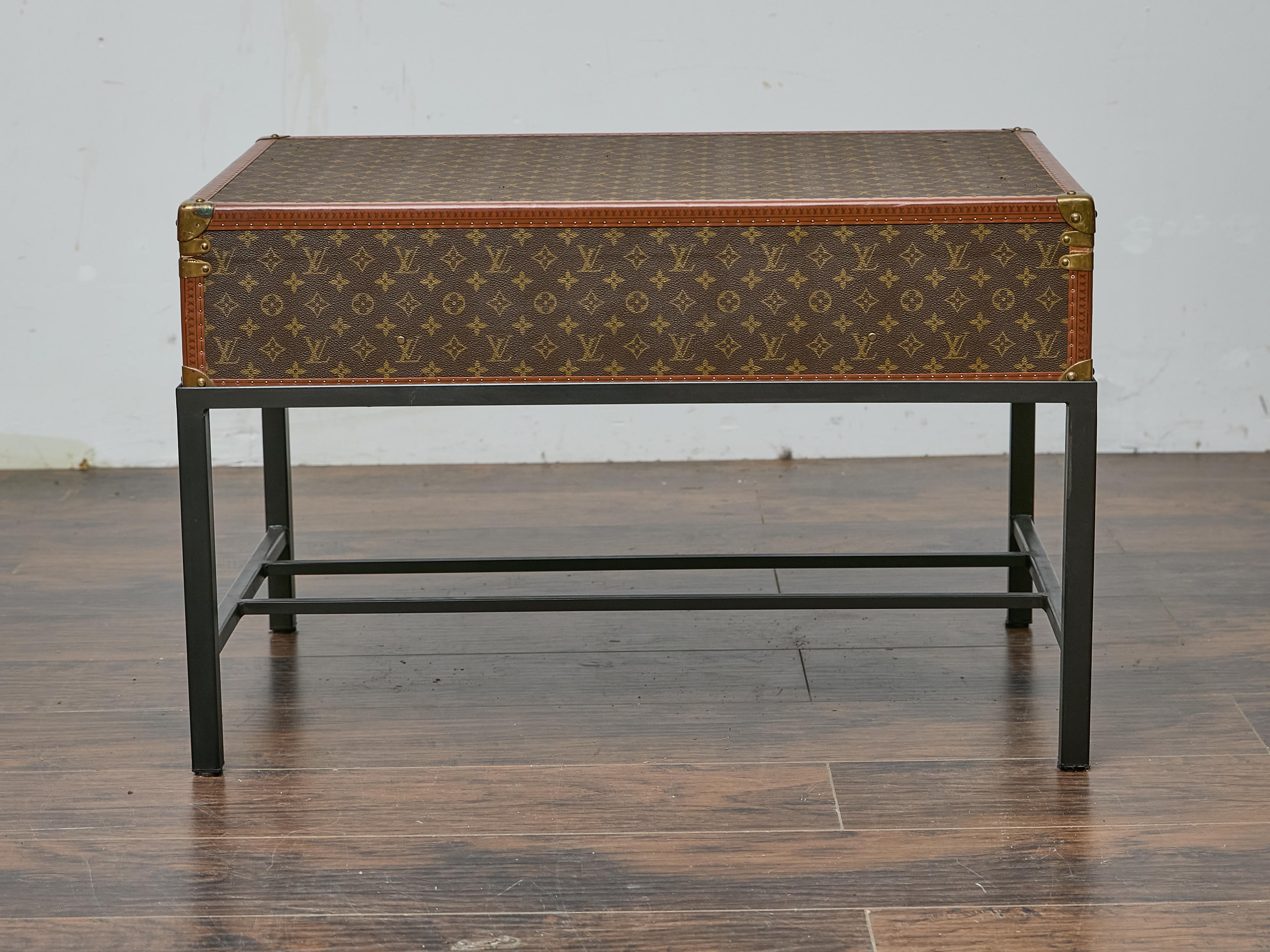 Metal Vintage Louis Vuitton Trunk Made into Coffee Table with Custom Base For Sale