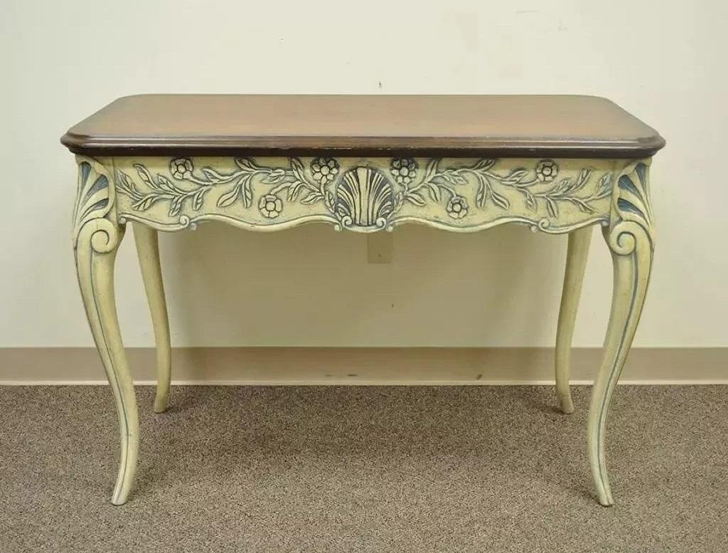 Vintage Louis XV French Country Style Shell Carved 2 Drawer Console Hall Table. Item features 2 drawers, finished back, shapely shell carved cabriole legs, distress painted finish, lattice patterned top. Circa Mid 20th Century. Measurements: 30
