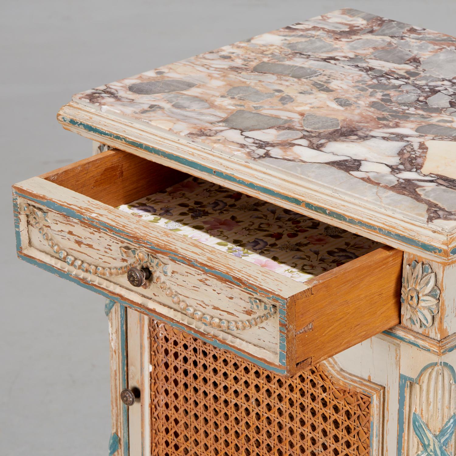 Italian Vintage Louis XV Nightstand Calacatta Viola Marble Top, Chalk Paint, Caned Shelf