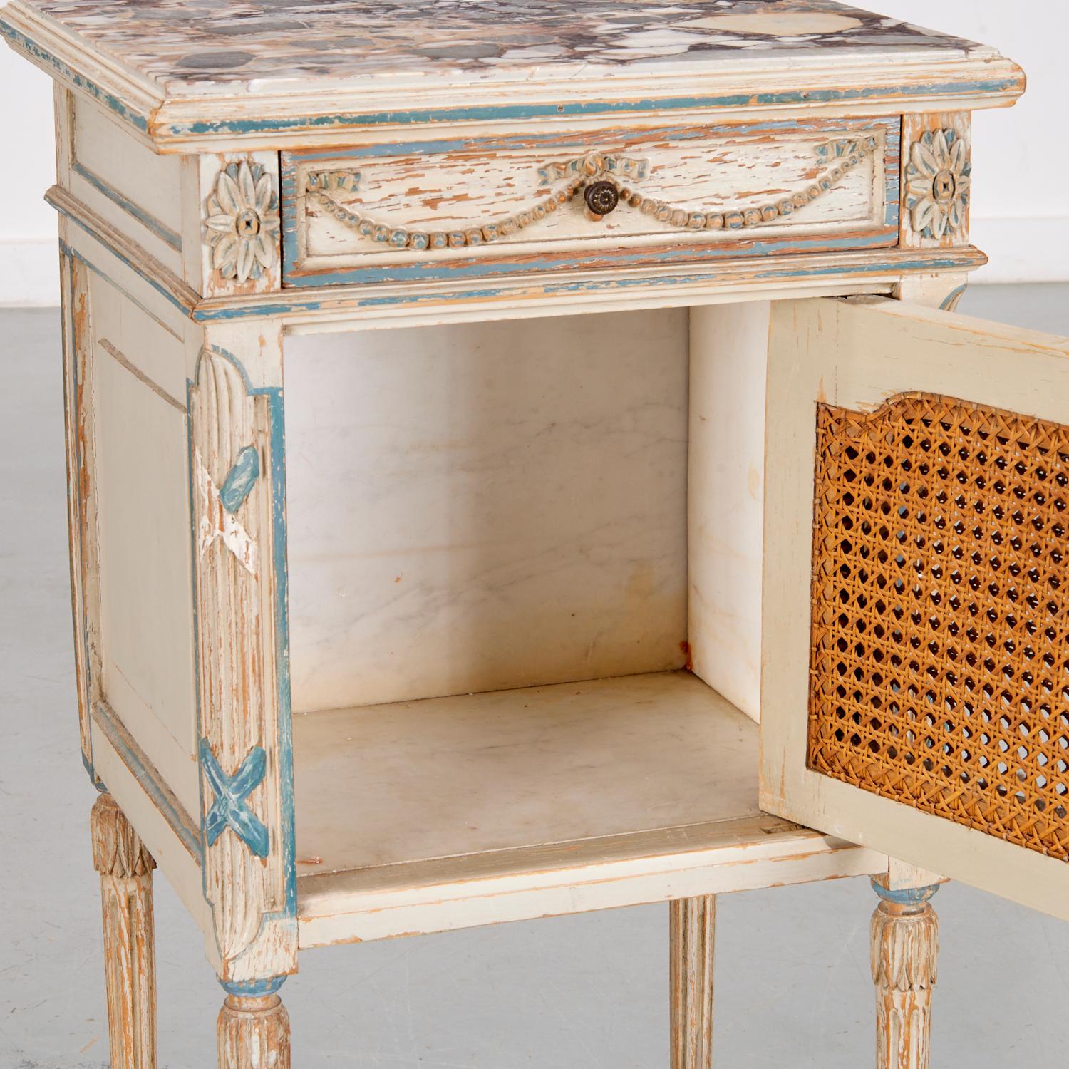 Caning Vintage Louis XV Nightstand Calacatta Viola Marble Top, Chalk Paint, Caned Shelf