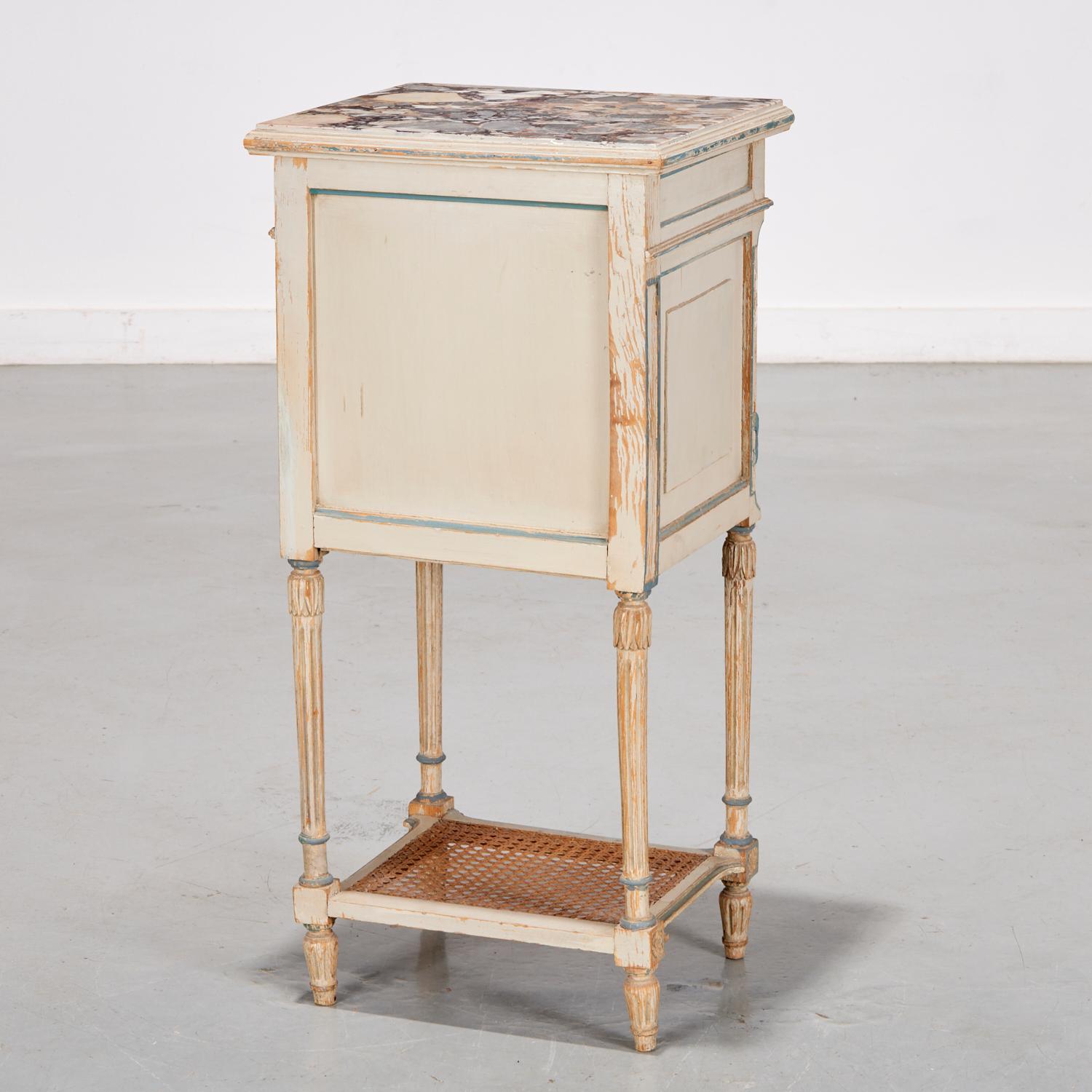 Late 20th Century Vintage Louis XV Nightstand Calacatta Viola Marble Top, Chalk Paint, Caned Shelf