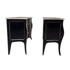 Vintage Louis XV Style Black Lacquer Bombe Commodes by Bodart - Pair