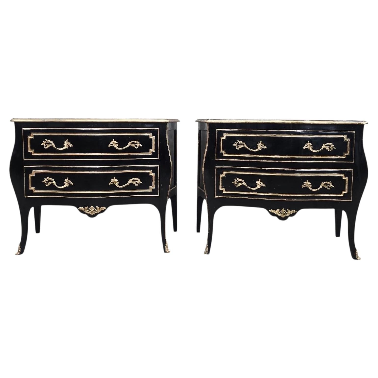 Vintage Louis XV Style Black Lacquer Bombe Commodes by Bodart - Pair For Sale