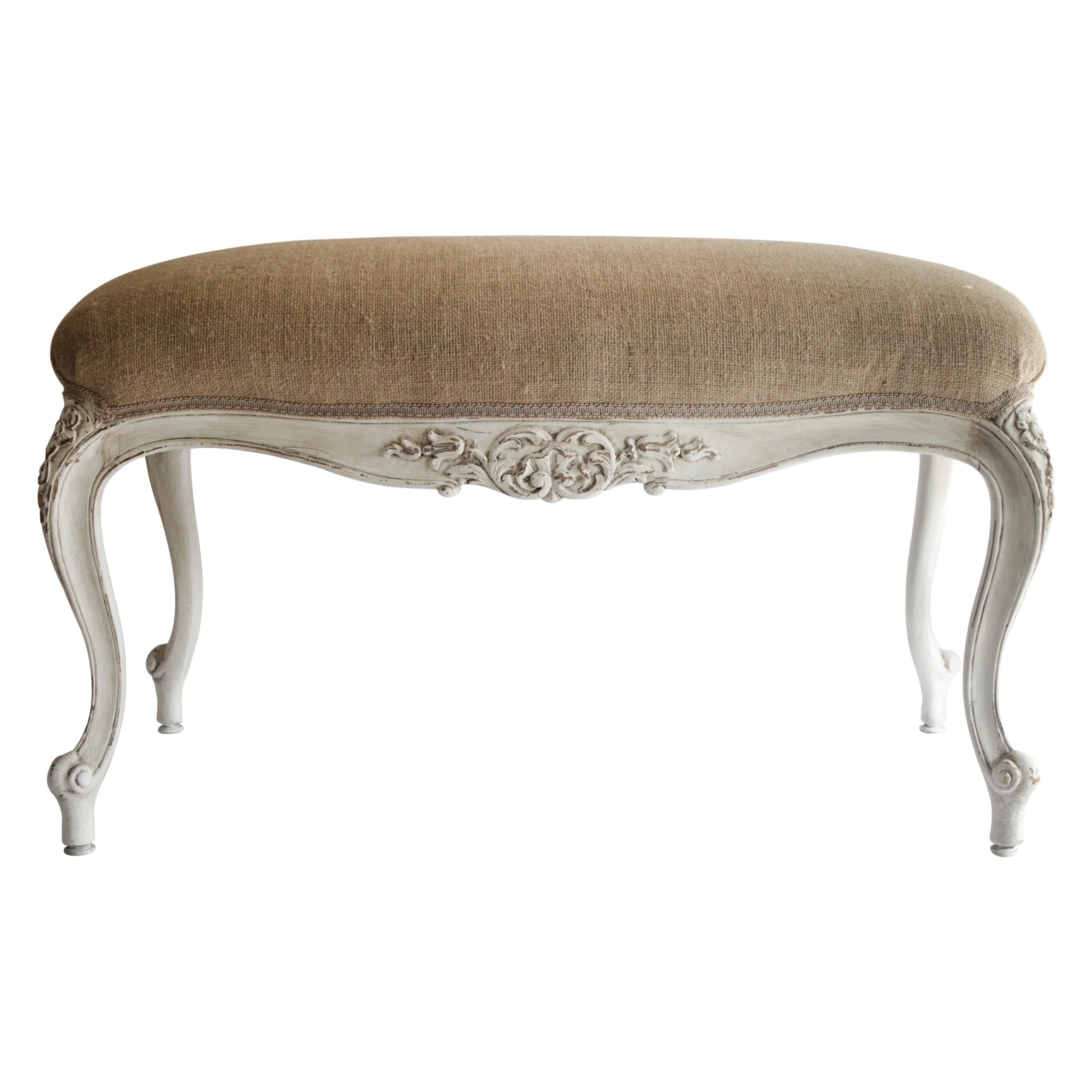 Vintage Louis XV Style Burlap Upholstered Bench