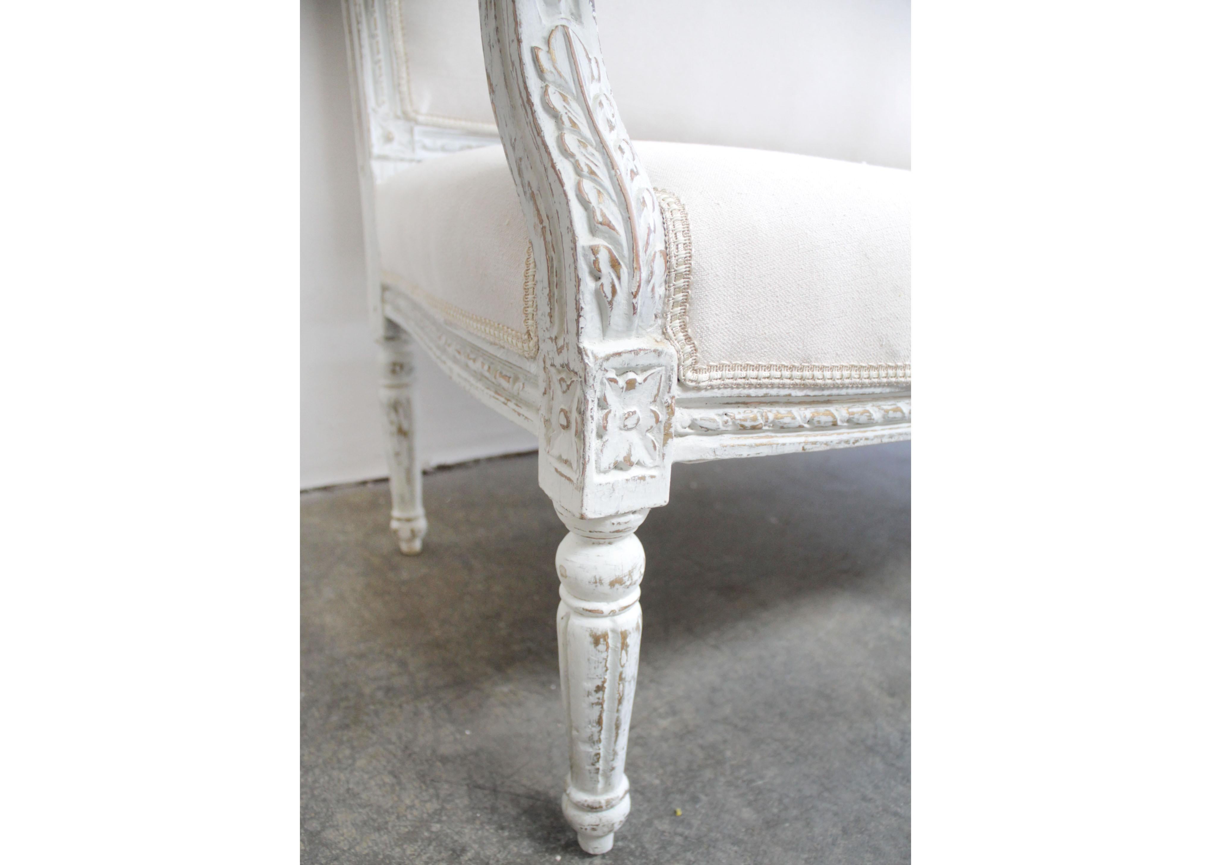 Cotton Vintage Louis XV Style Carved and Painted French Settee Sofa