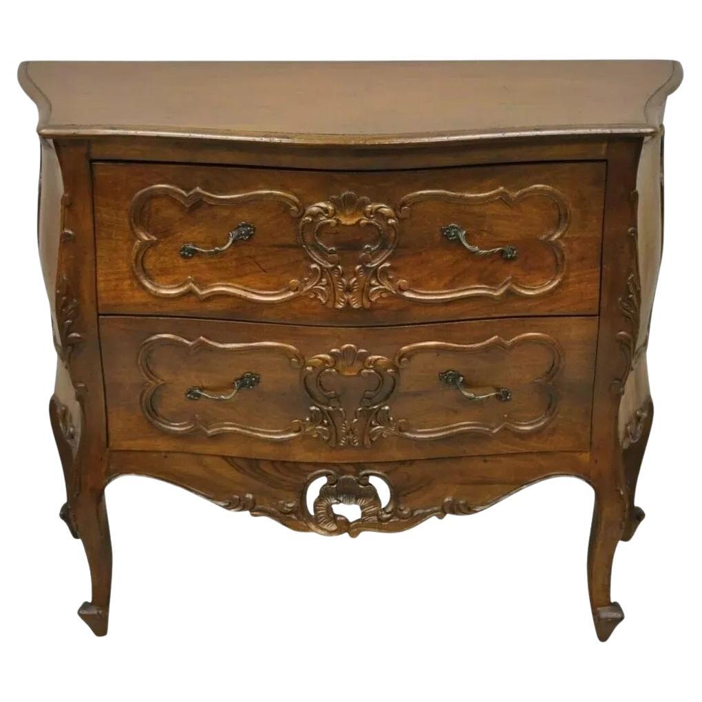Vintage Louis XV Style Carved Walnut 2 Drawer Chest Italian Small Bombe Commode