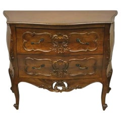 Vintage Louis XV Style Carved Walnut 2 Drawer Chest Italian Small Bombe Commode