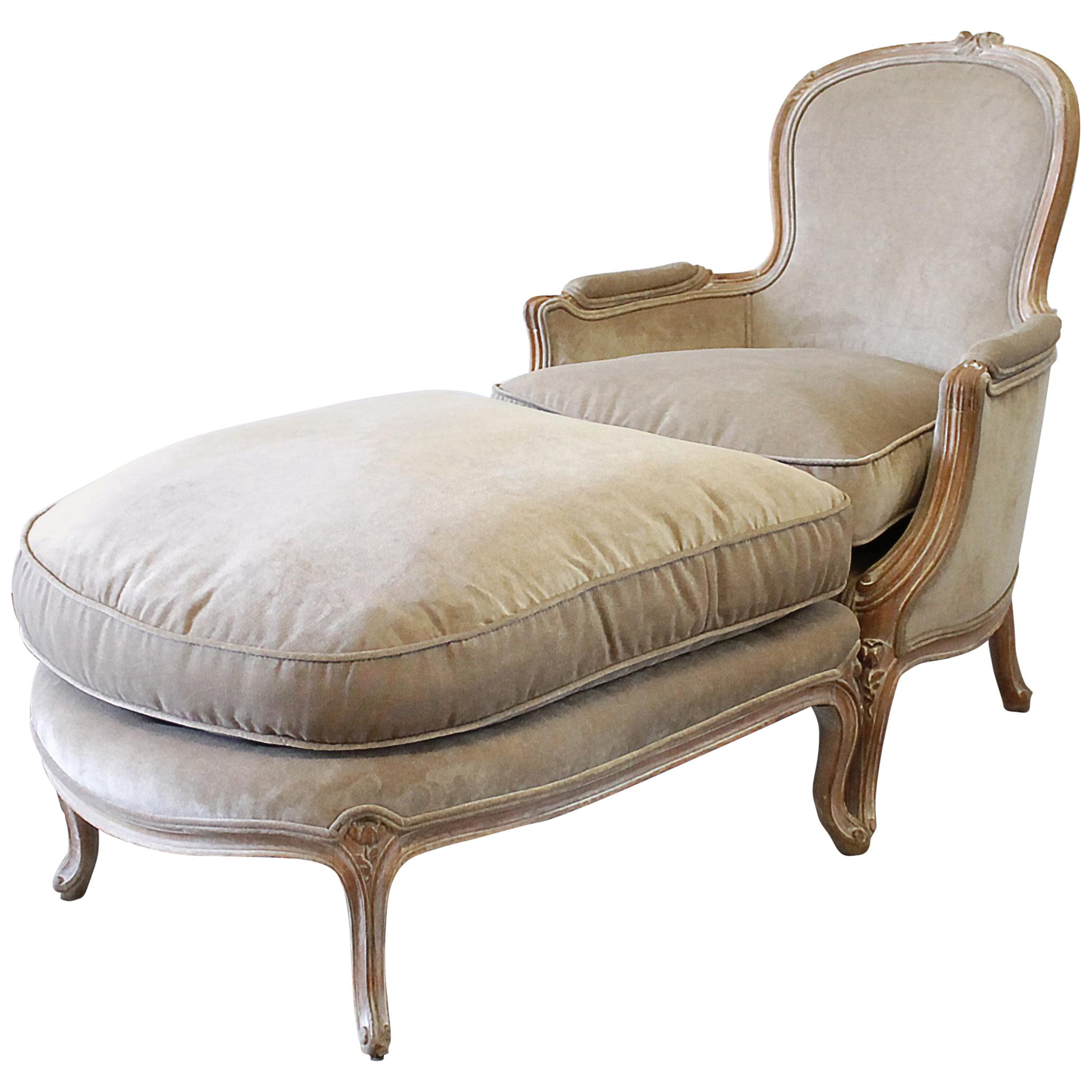 Vintage Louis XV Style Chair and Ottoman Upholstered in Velvet Fabric