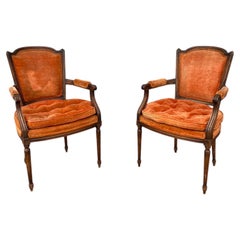 Vintage Louis XV Style Chairs in Walnut and Velvet 1960s
