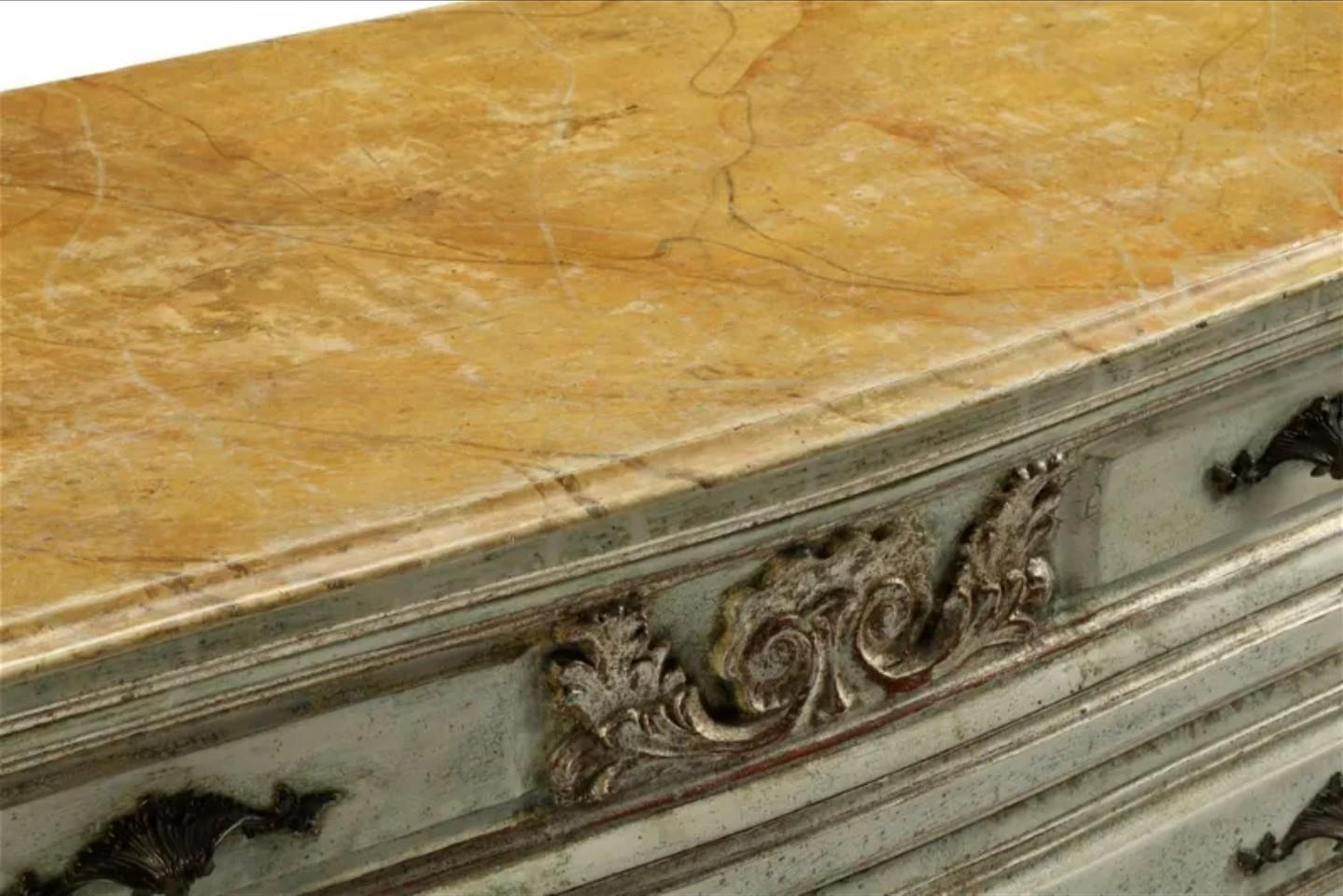 Hand-Crafted Vintage Louis XV Style Faux Marble Distressed Painted Bombe Chest of Drawers For Sale