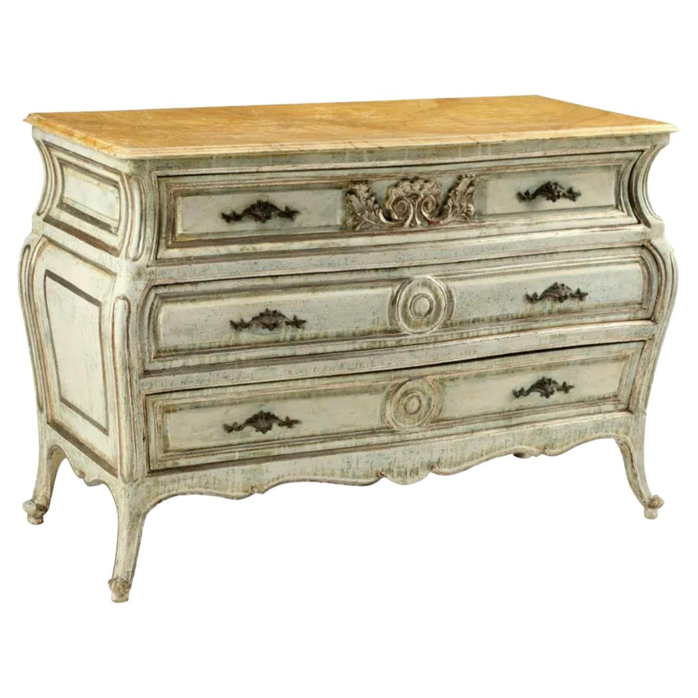 Vintage Louis XV Style Faux Marble Distressed Painted Bombe Chest of Drawers For Sale