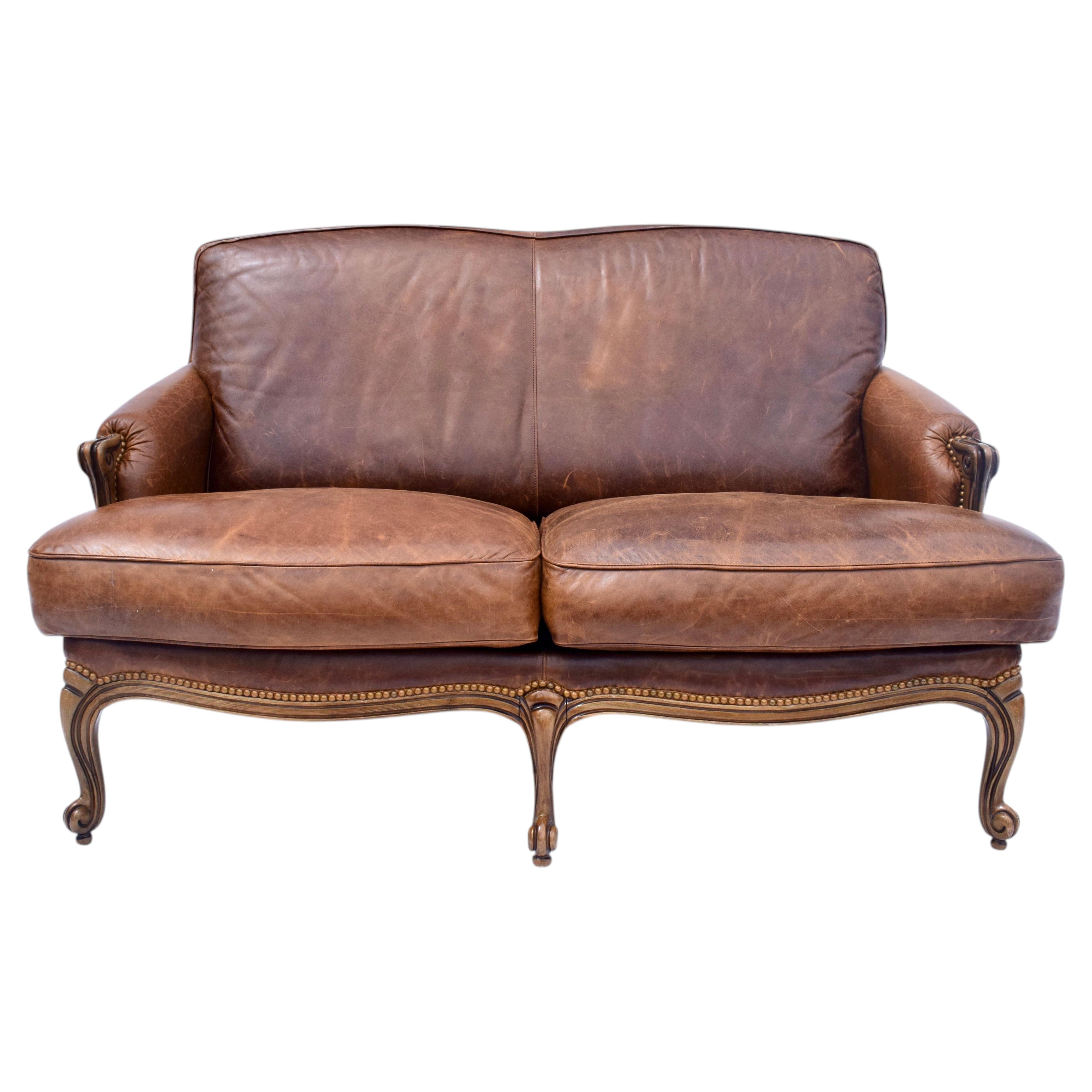 Vintage Louis XV Style Leather Loveseat Sofa For Sale